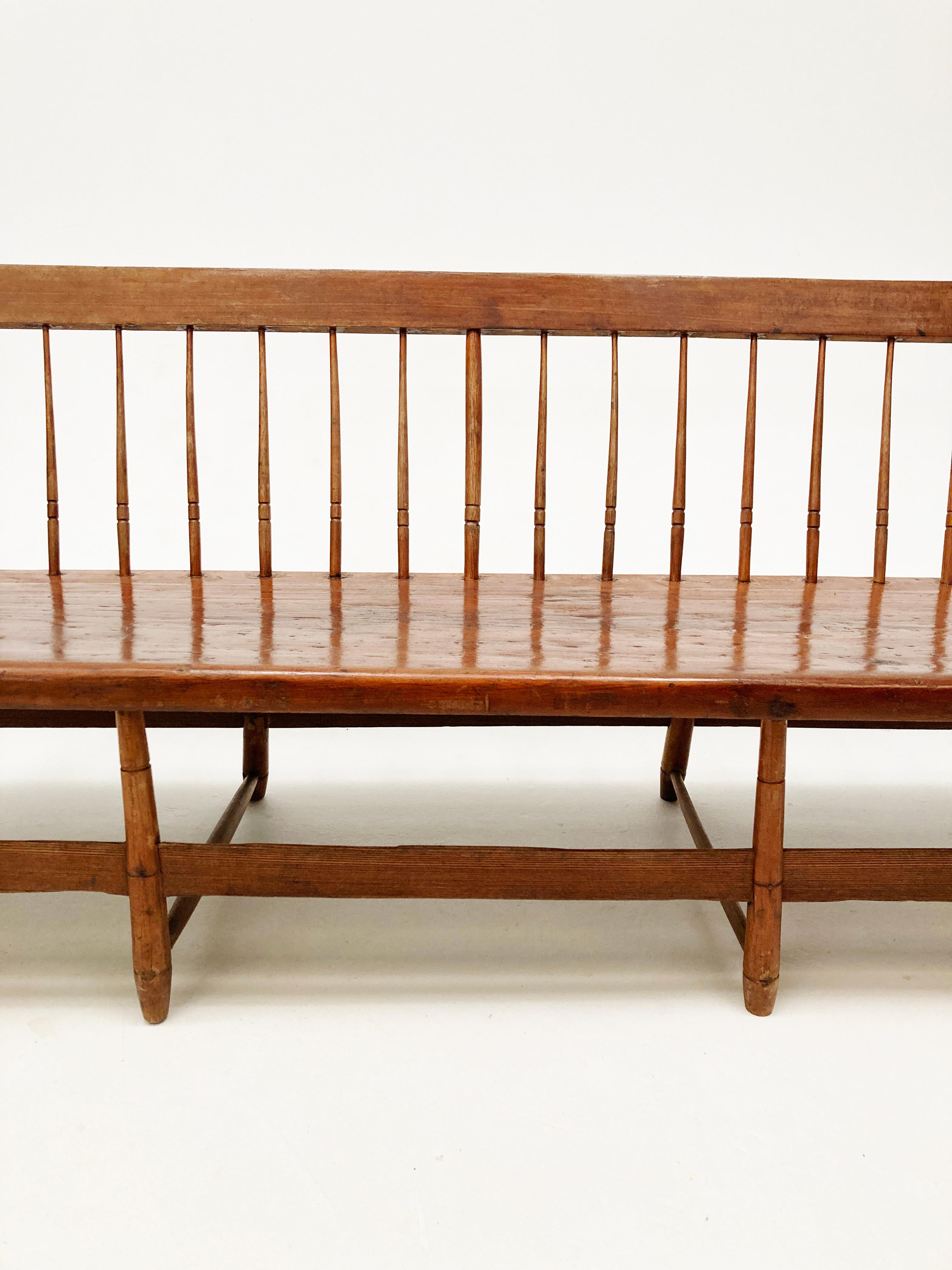 American Classical Early 19th Century Early American Pine Windsor Spindle-Back Meeting House Bench