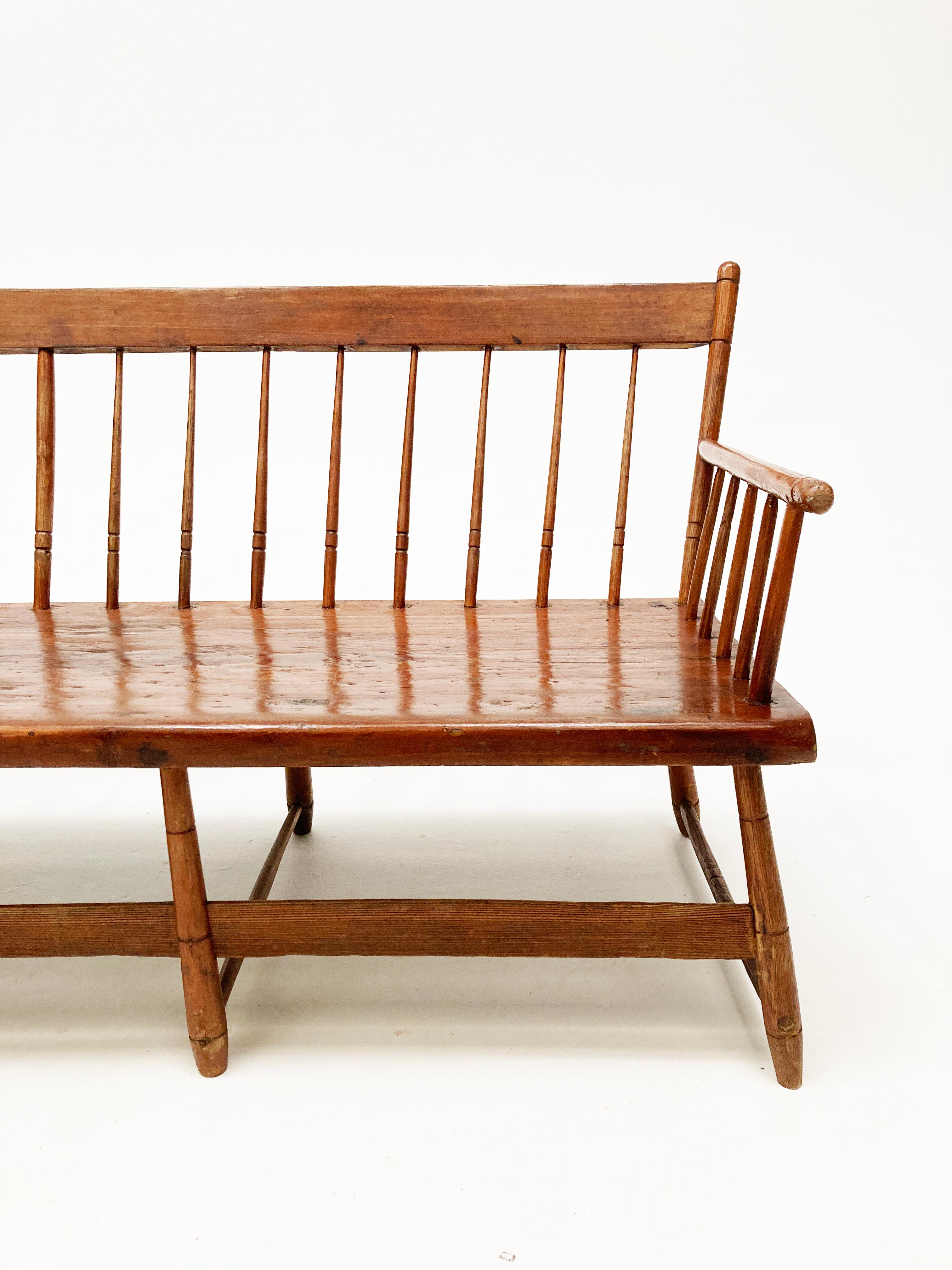 Hand-Crafted Early 19th Century Early American Pine Windsor Spindle-Back Meeting House Bench