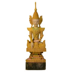 Early 19th Century, Early Mandalay, Antique Burmese Wooden Seated Crowned Buddha