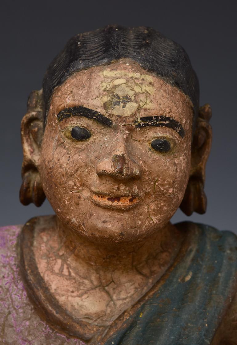 Hand-Carved Early 19th Century, Early Mandalay, Antique Burmese Wooden Seated Lady For Sale