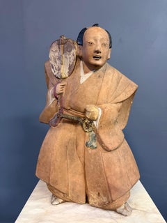 Early 19th Century Edo Period Japanese Polychrome Ceramic Samurai Figure w/ Fan