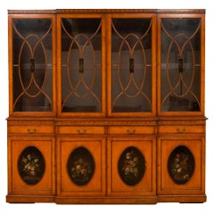 Used Early 19th Century Edwardian Inlaid /  Painted Satinwood Breakfront Bookcase