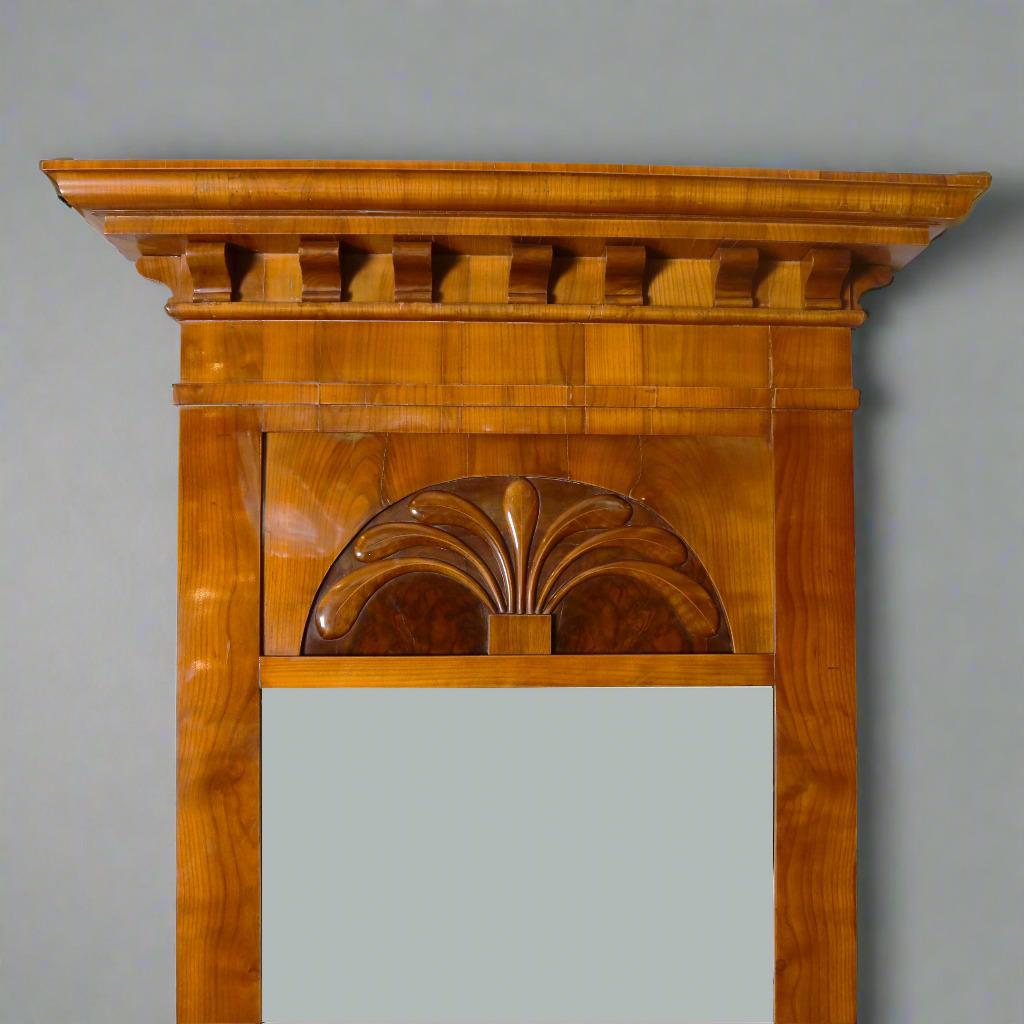 Un espejo alto Biedermeier de madera de cerezo y nogal burl. Presenta una prominente palmeta tallada de cerezo sobre nudo de nogal, encima del espejo, y una segunda talla foliada similar en la base del espejo. La parte superior está coronada por una