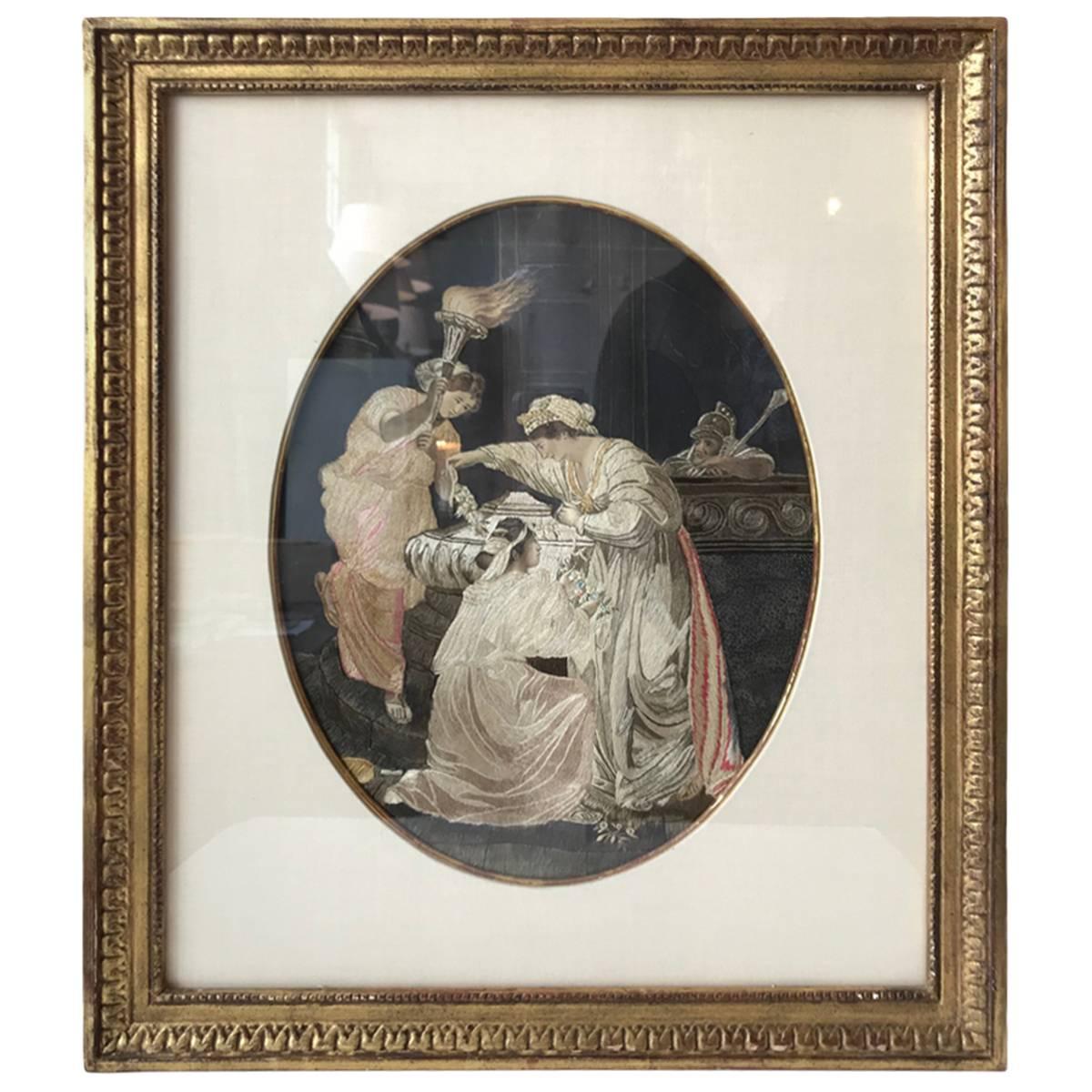 Early 19th Century Embroidered and Hand-Painted Silk Picture For Sale