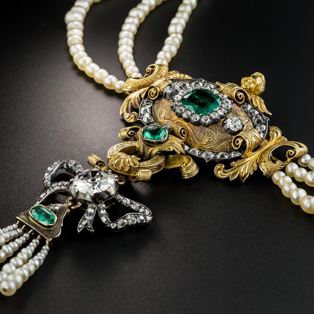 Early 19th Century Emerald Diamond Natural Pearl Necklace and Earrings For Sale 2