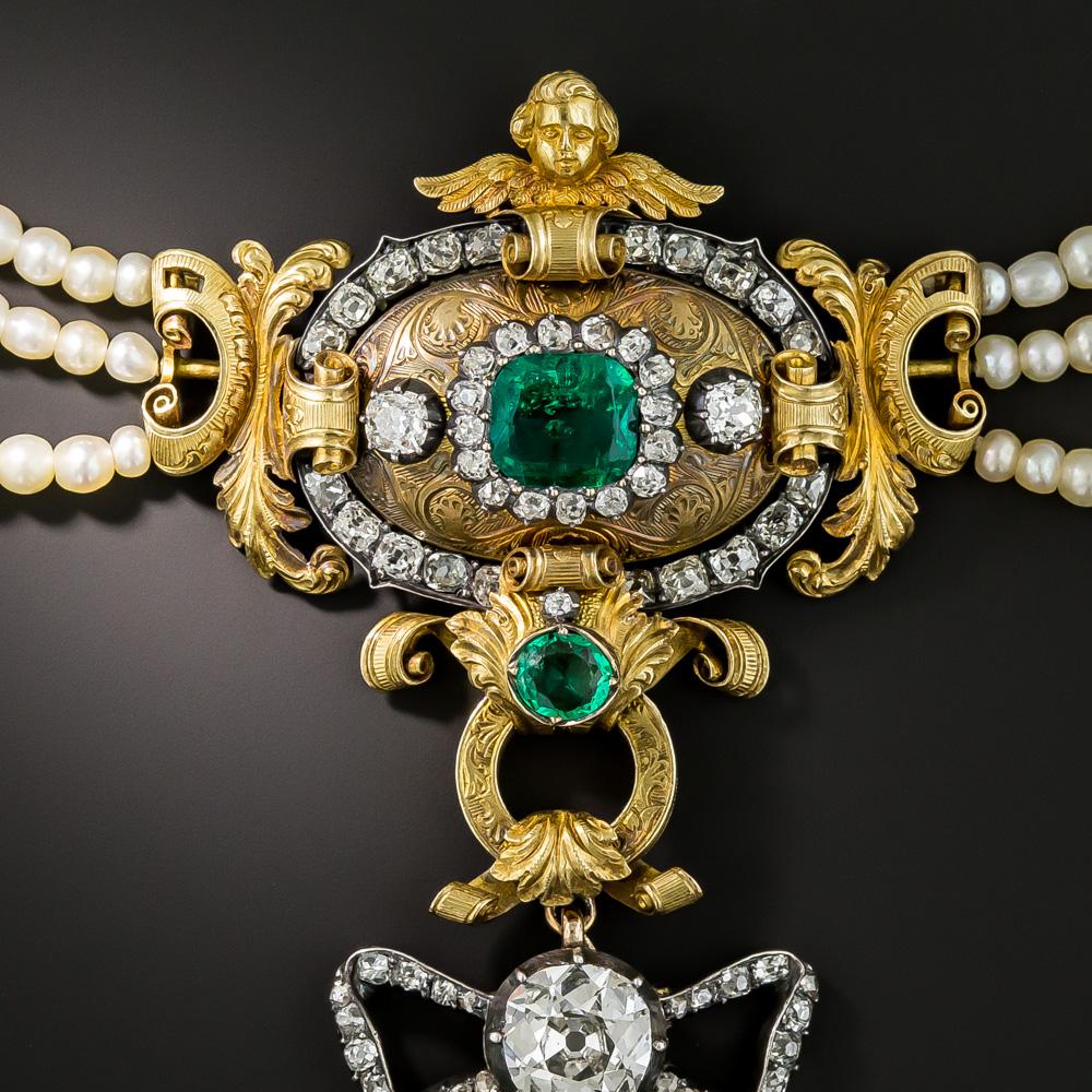 Women's Early 19th Century Emerald Diamond Natural Pearl Necklace and Earrings For Sale