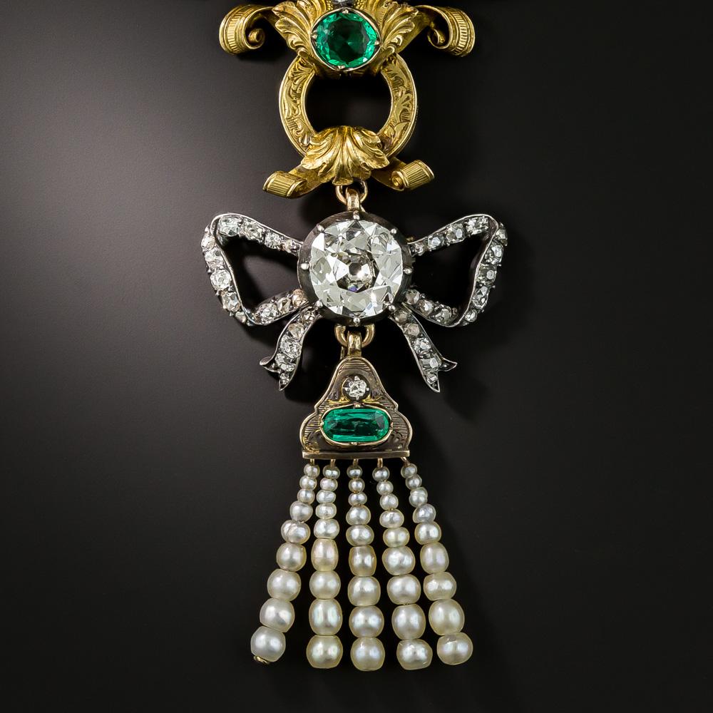 Early 19th Century Emerald Diamond Natural Pearl Necklace and Earrings For Sale 1