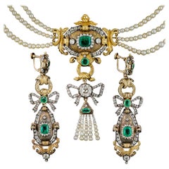 Early 19th Century Emerald Diamond Natural Pearl Necklace and Earrings