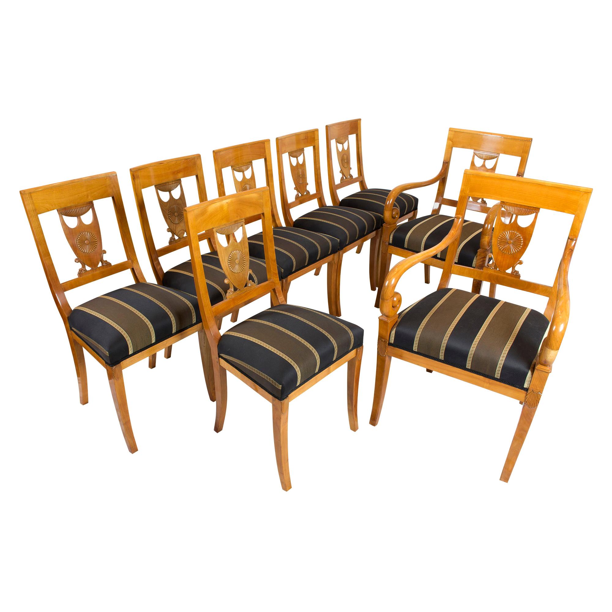 Début du 19ème siècle:: Groupe de sièges Empire en merisier:: 2 fauteuils et 6 chaises
