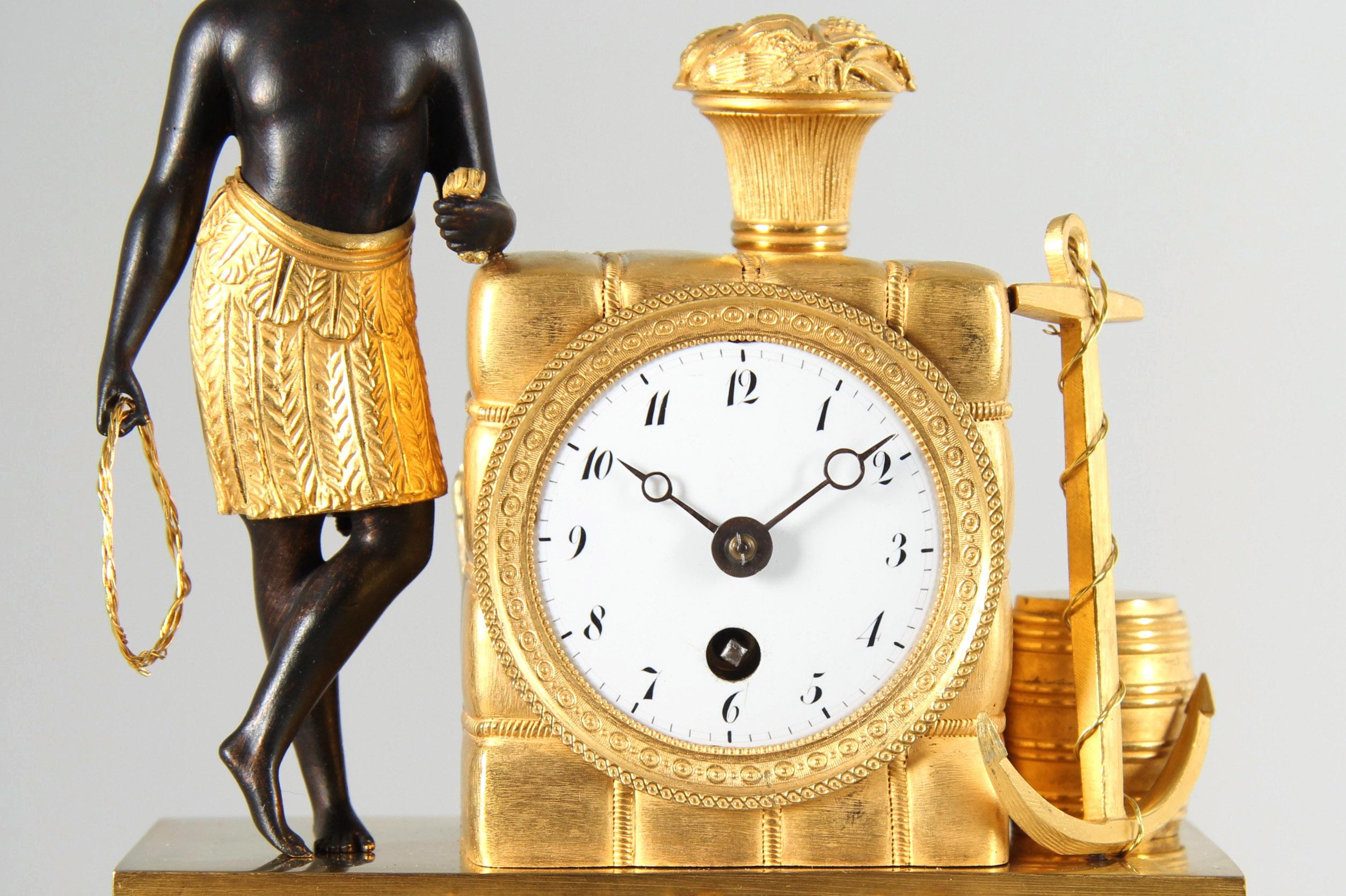 Miniature Empire Bronze Clock - Matelot

Paris
fire-gilded and patinated bronze
early 19th century

Dimensions: H x W x D: 18 x 14 x 9 cm

Description:
Very rare miniature of the famous Pendule Matelot 