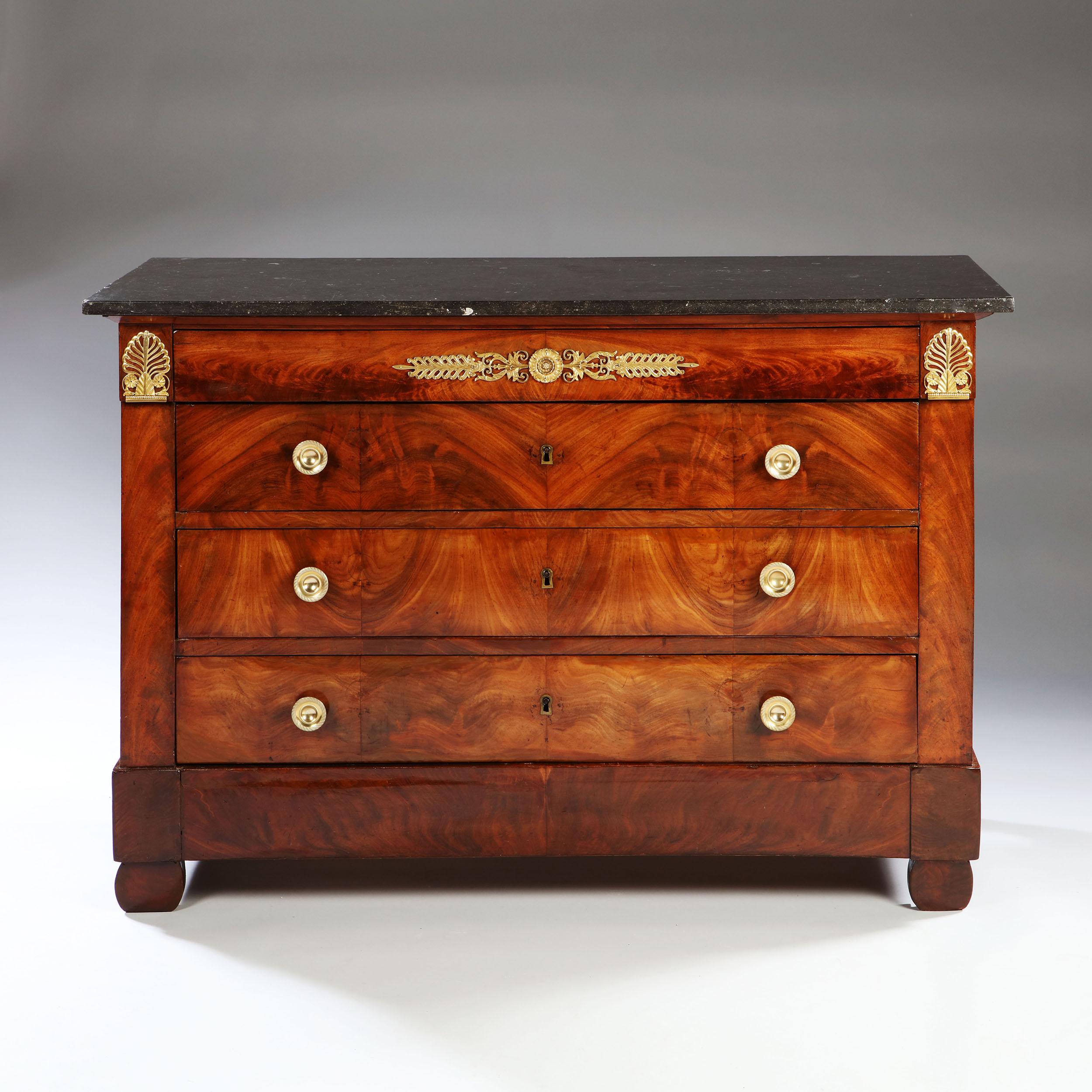 France, c. 1820

An early 19th century Empire mahogany commode with finely chased ormolu mounts, retaining the original marble top.

Height  88.50cm
Width   130.00cm
Depth   57.00cm