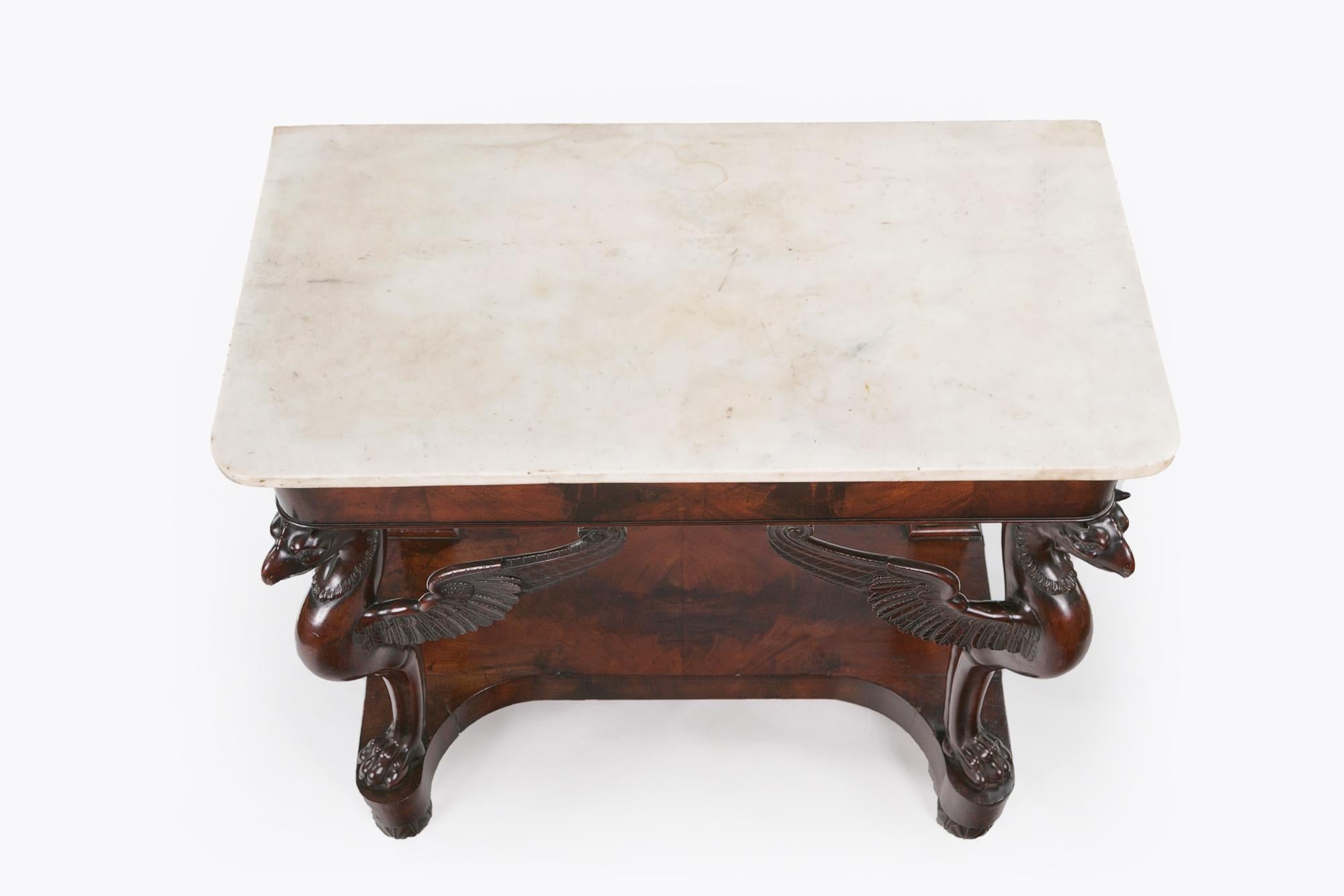 Irish Early 19th Century Empire Flame Mahogany and Marble Console Table For Sale