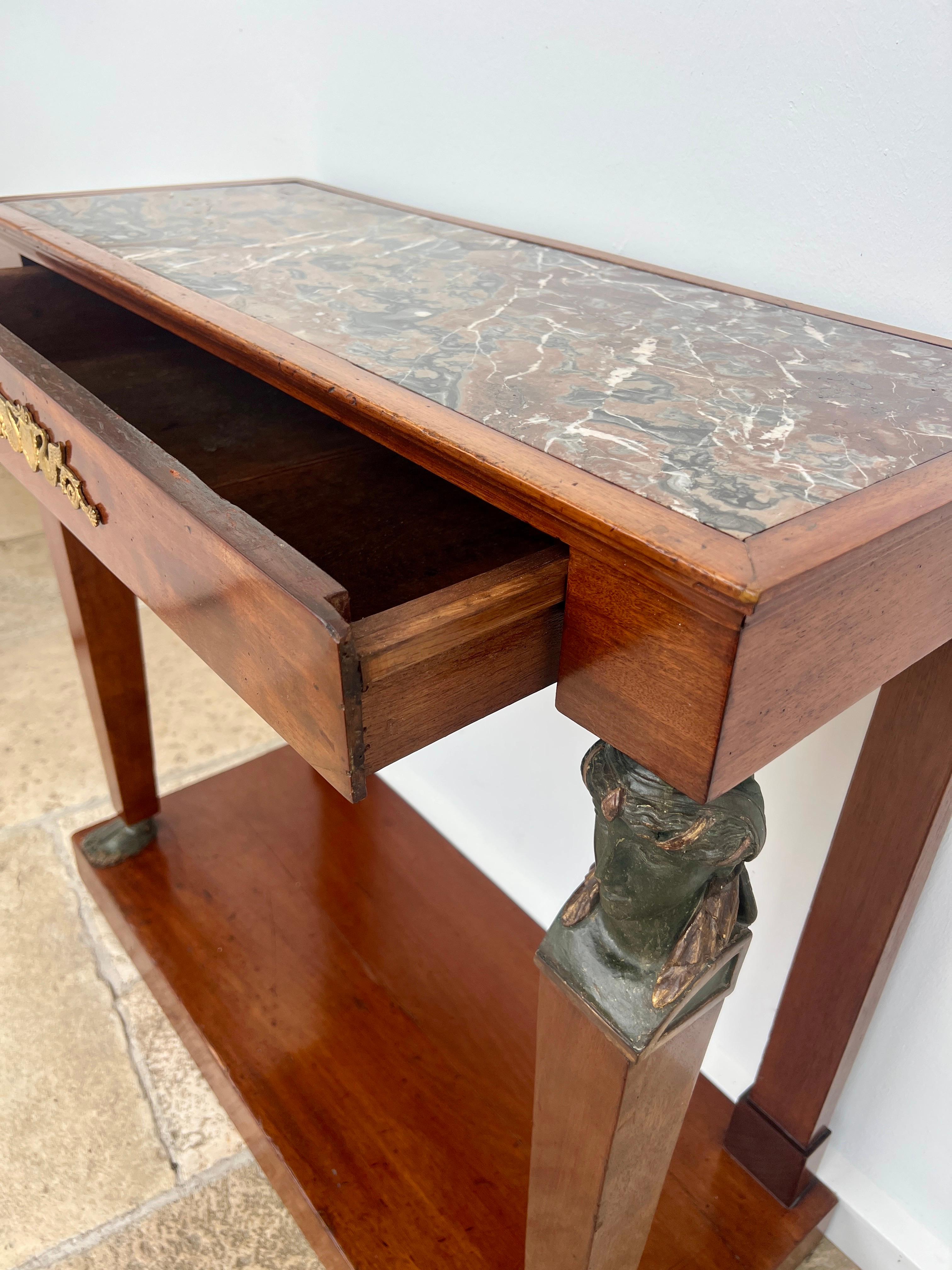 French Early 19th Century Empire Mahogany Console Table with Marble Top For Sale