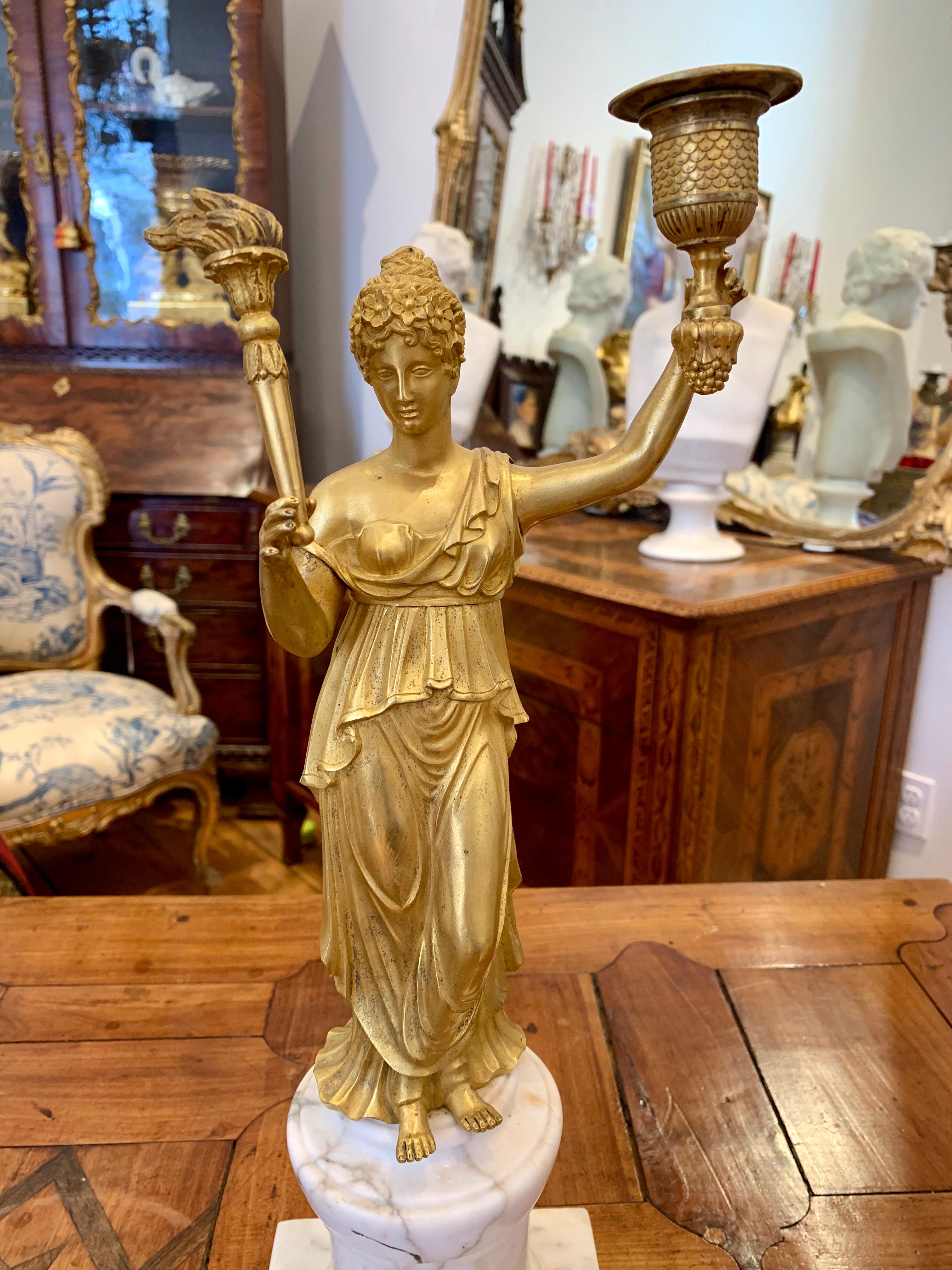 French Early 19th Century Empire Ormolu and Marble Candleholder