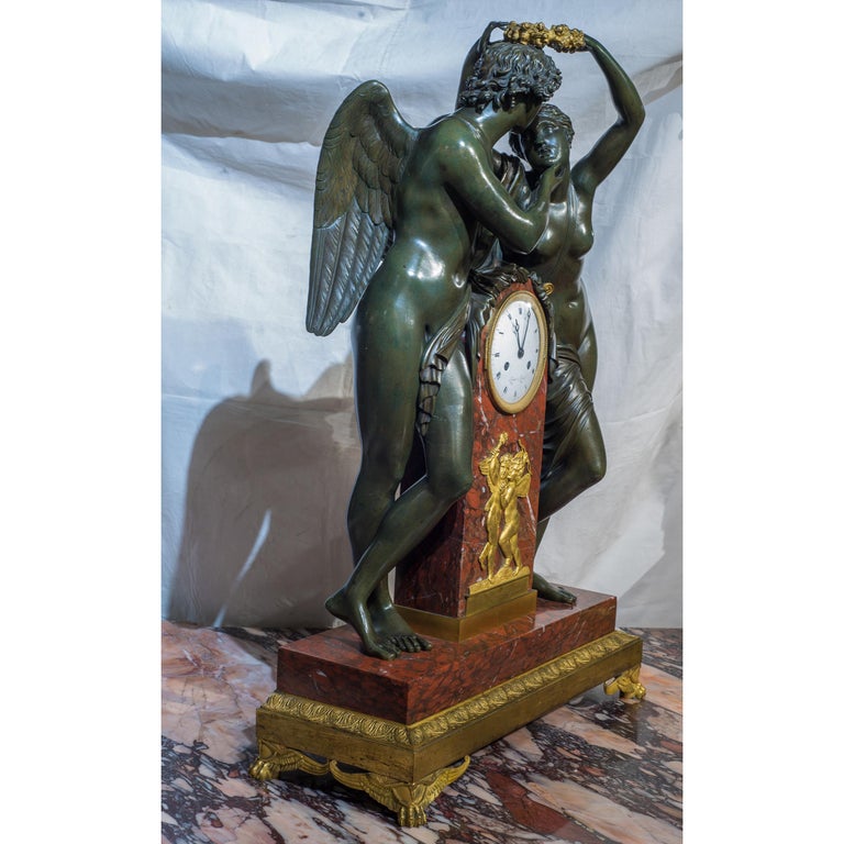 French Early 19th Century Empire Ormolu-Mounted Bronze and Marble Mantel Clock For Sale