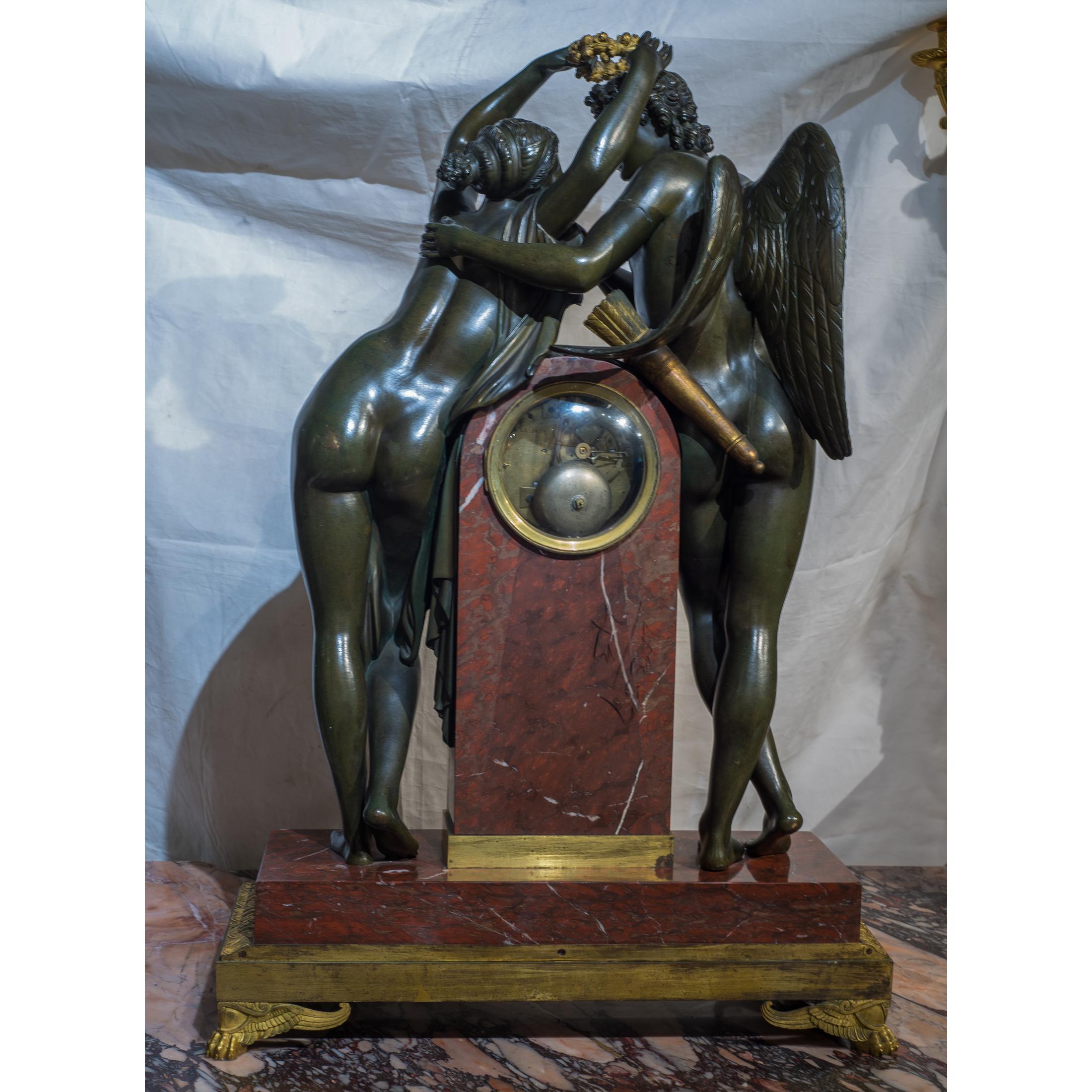 Gilt Early 19th Century Empire Ormolu-Mounted Bronze and Marble Mantel Clock For Sale