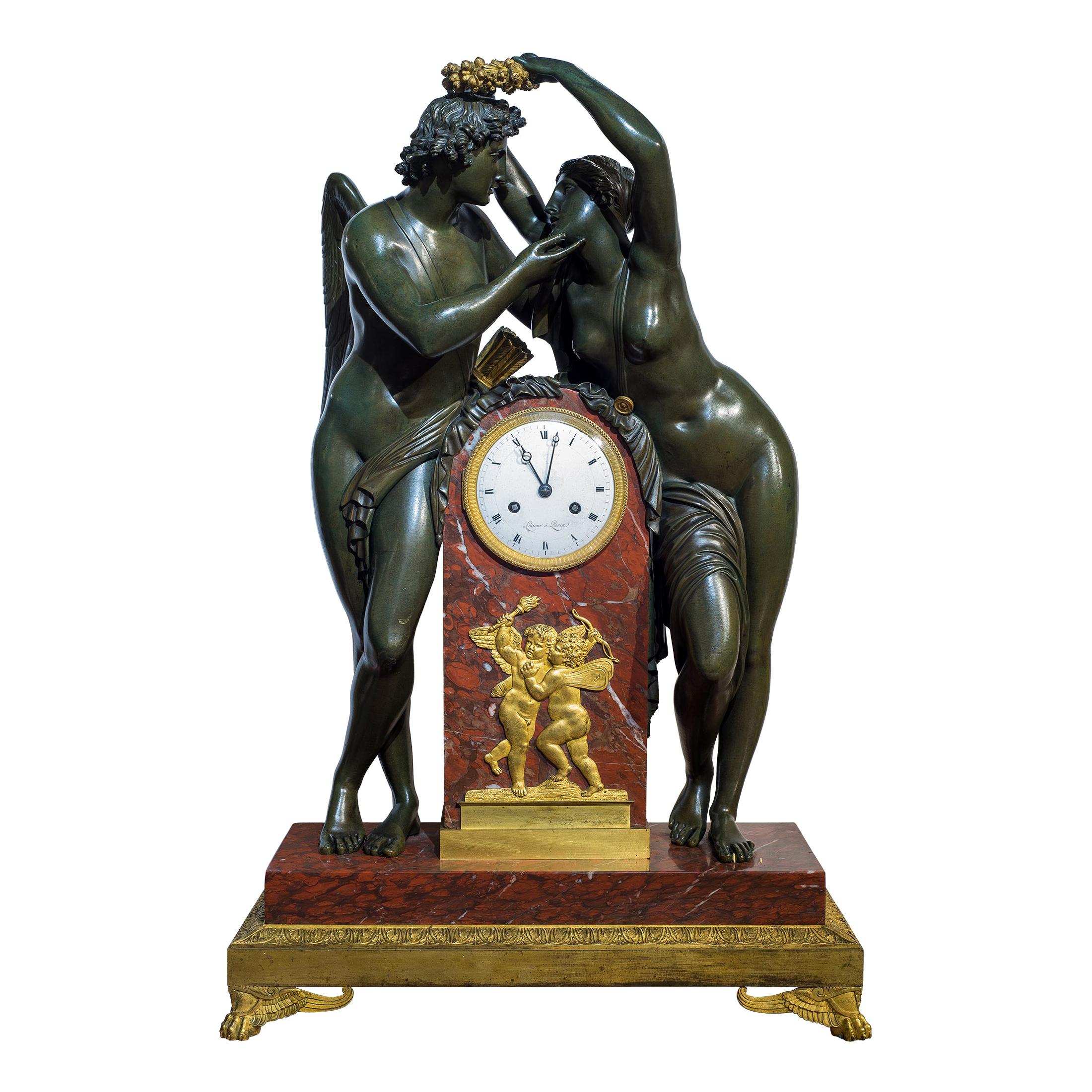 Early 19th Century Empire Ormolu-Mounted Bronze and Marble Mantel Clock