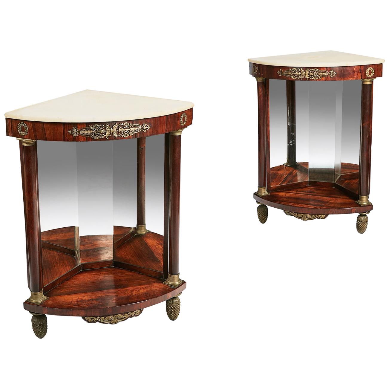 Early 19th Century Empire Pair of Marble Topped Corner Console Tables