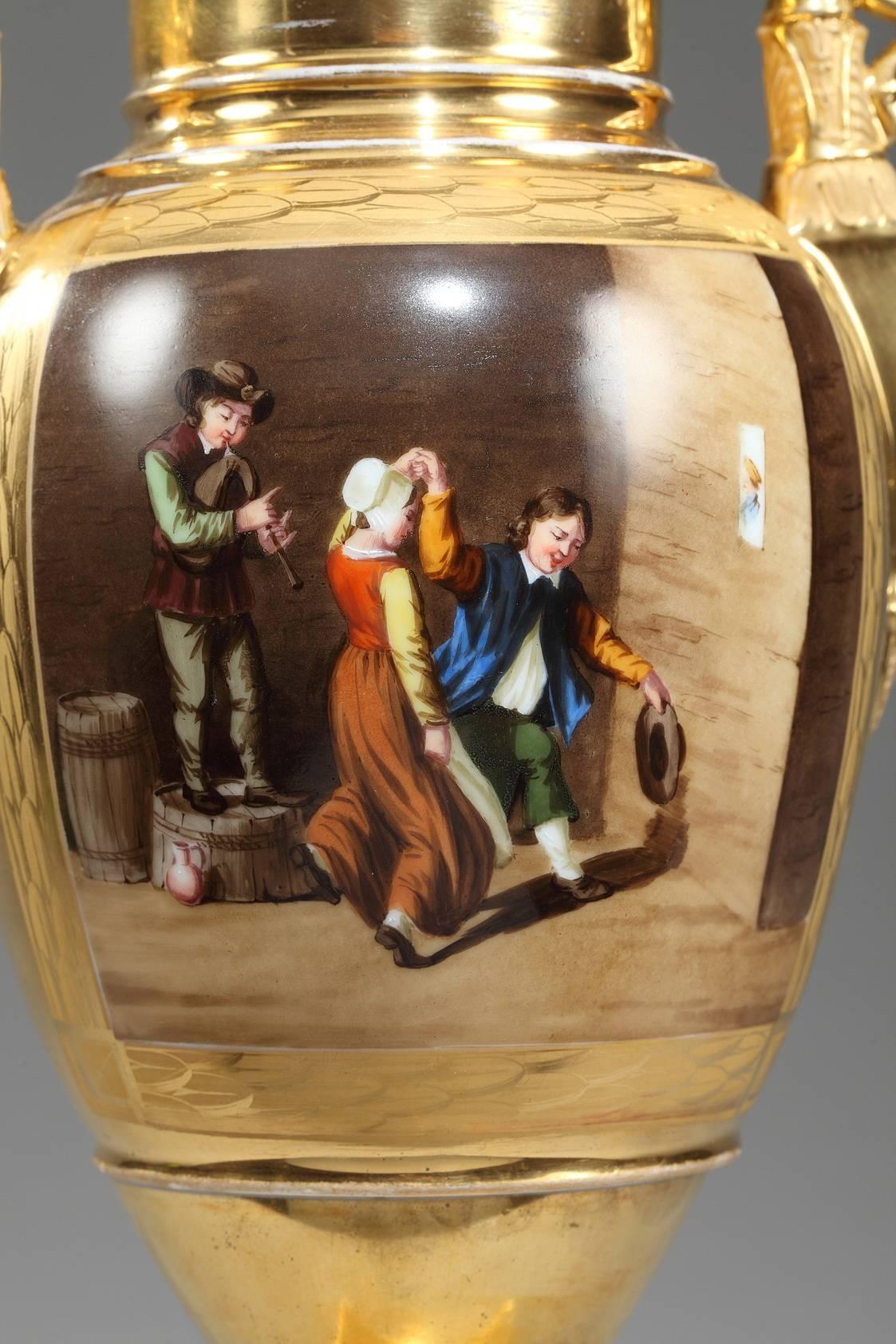 Hand-Painted Early 19th Century Empire Porcelain Vases with Cabaret Scenes