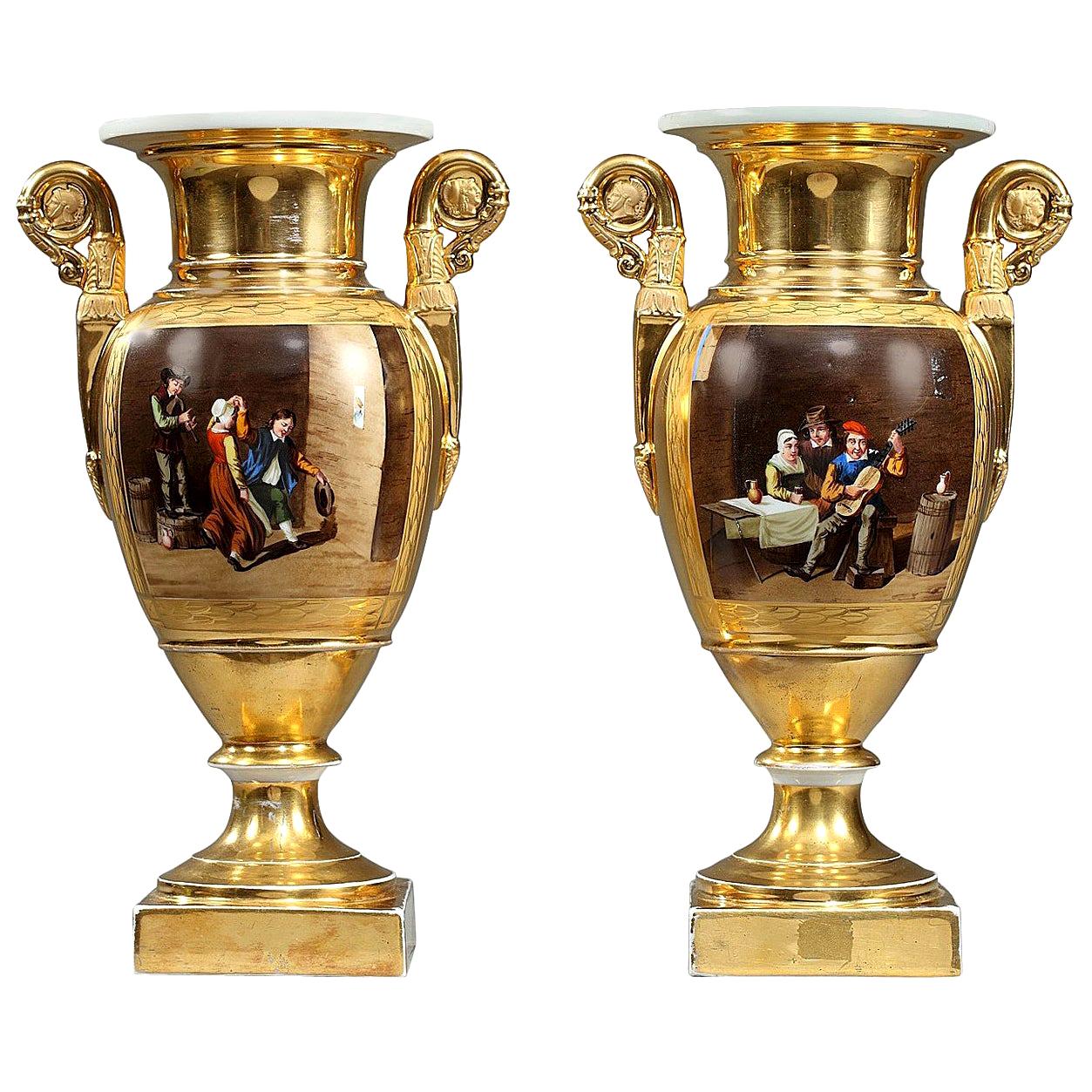Early 19th Century Empire Porcelain Vases with Cabaret Scenes