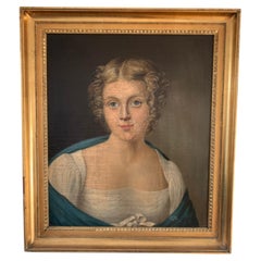 Antique Early 19th Century Empire Portrait Painting of a Lady