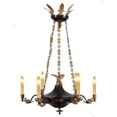 Early 19th-Century Empire Style Six-Light Black, Polychrome, Bronze Chandelier