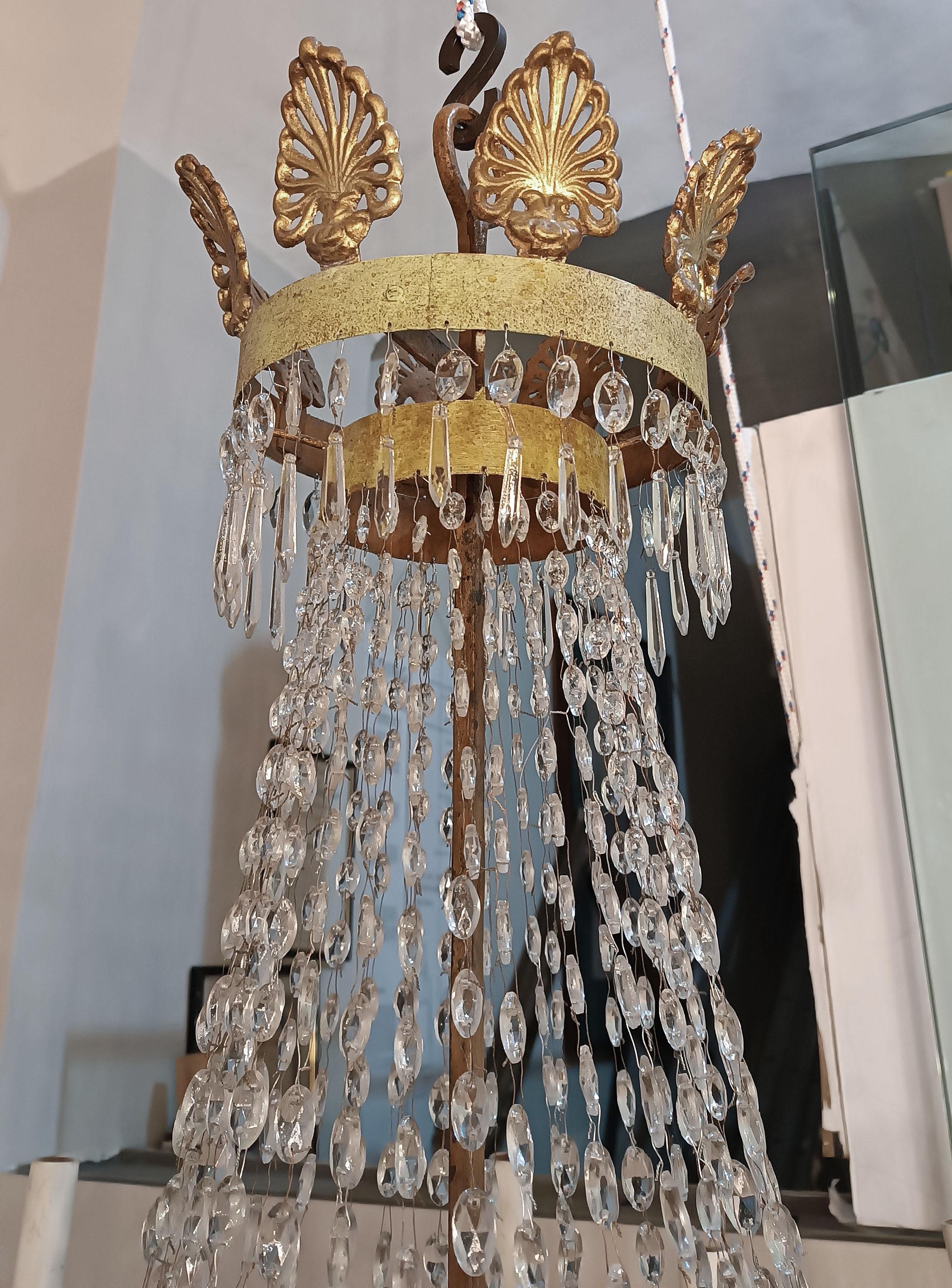 Gilt EARLY 19th CENTURY EMPIRE TUNDISH CHANDELIER IN IRON AND CRYSTALS  For Sale