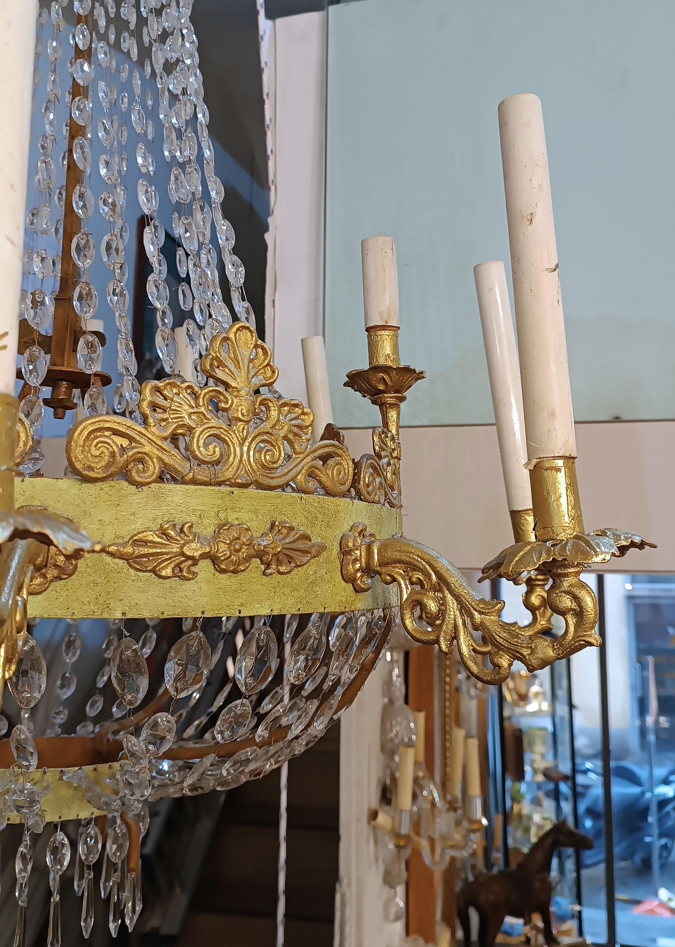 Metal EARLY 19th CENTURY EMPIRE TUNDISH CHANDELIER IN IRON AND CRYSTALS  For Sale