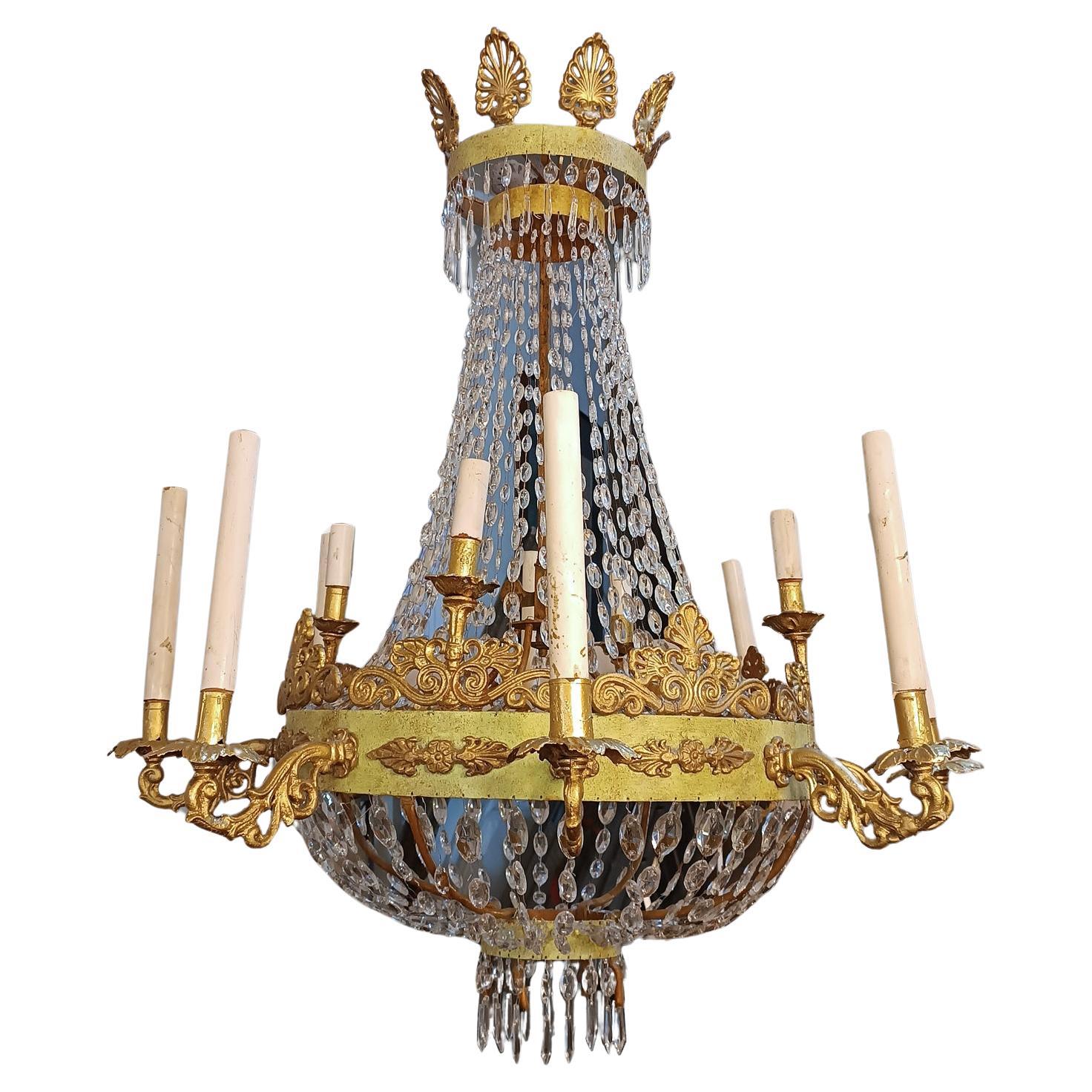 EARLY 19th CENTURY EMPIRE TUNDISH CHANDELIER IN IRON AND CRYSTALS  For Sale