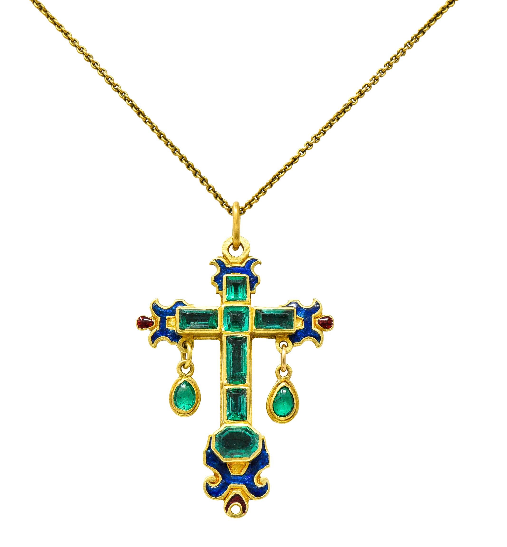 Early 19th Century Enamel Emerald 22 Karat Yellow Gold Cross Pendant Necklace 1