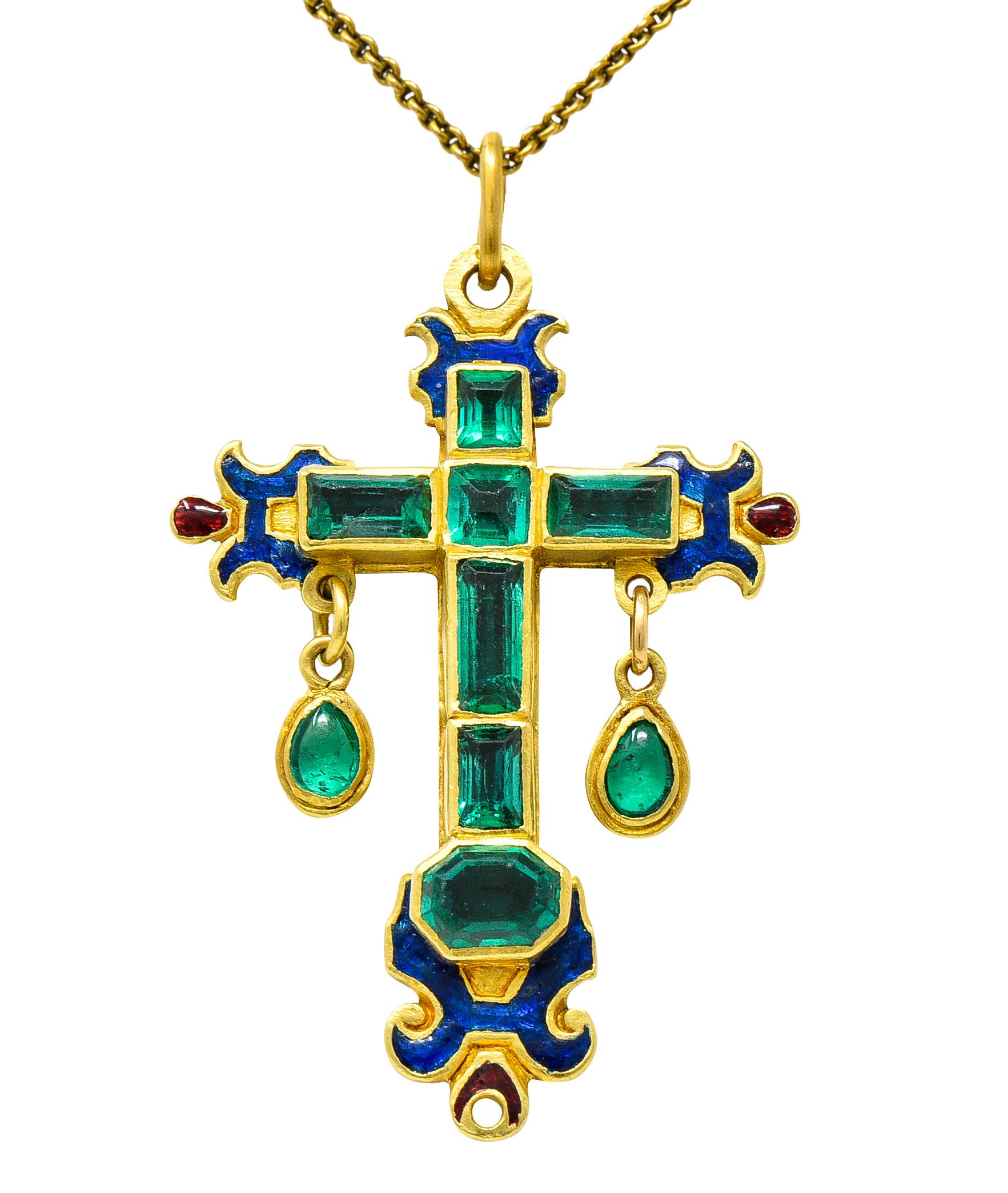 Early 19th Century Enamel Emerald 22 Karat Yellow Gold Cross Pendant Necklace In Excellent Condition In Philadelphia, PA