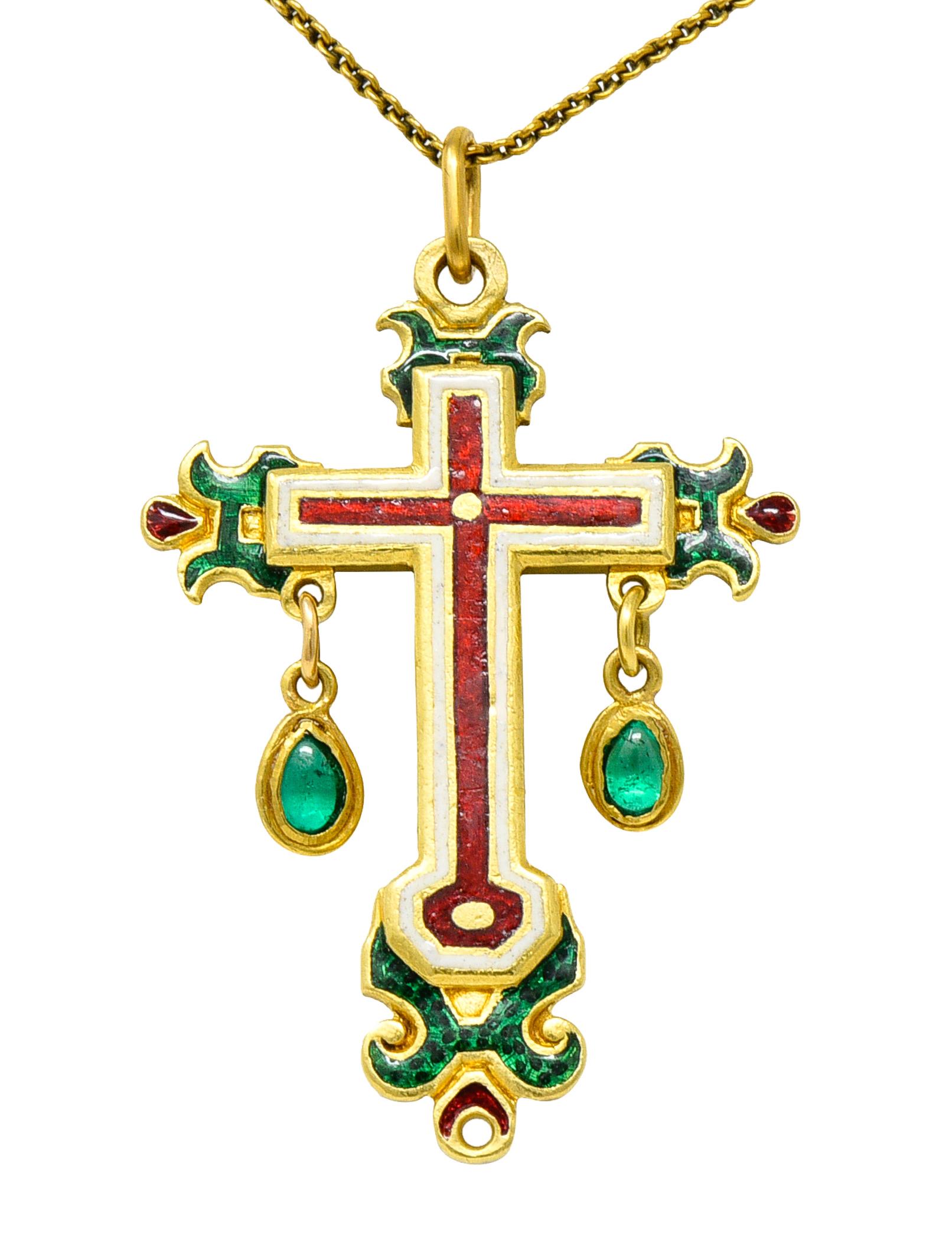 Women's or Men's Early 19th Century Enamel Emerald 22 Karat Yellow Gold Cross Pendant Necklace