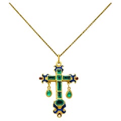 Early 19th Century Enamel Emerald 22 Karat Yellow Gold Cross Pendant Necklace