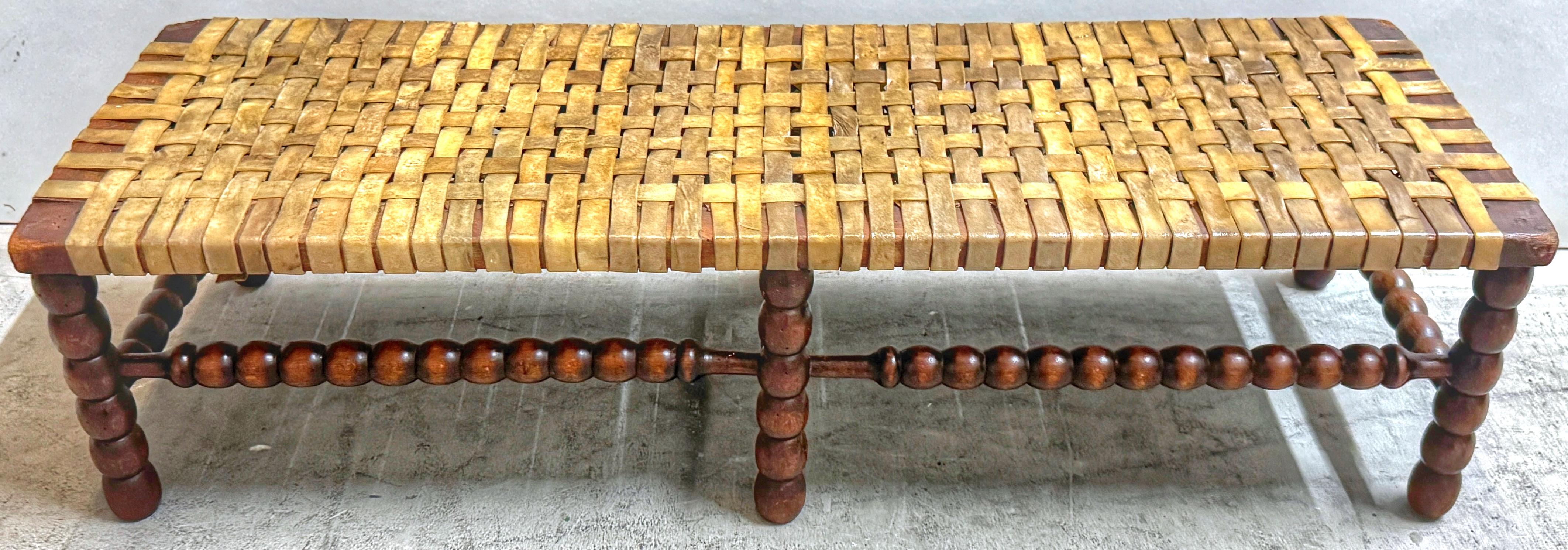 Carved Early 19th Century English Bobbin-Leg Footstool or Low Bench with Woven Rawhide For Sale