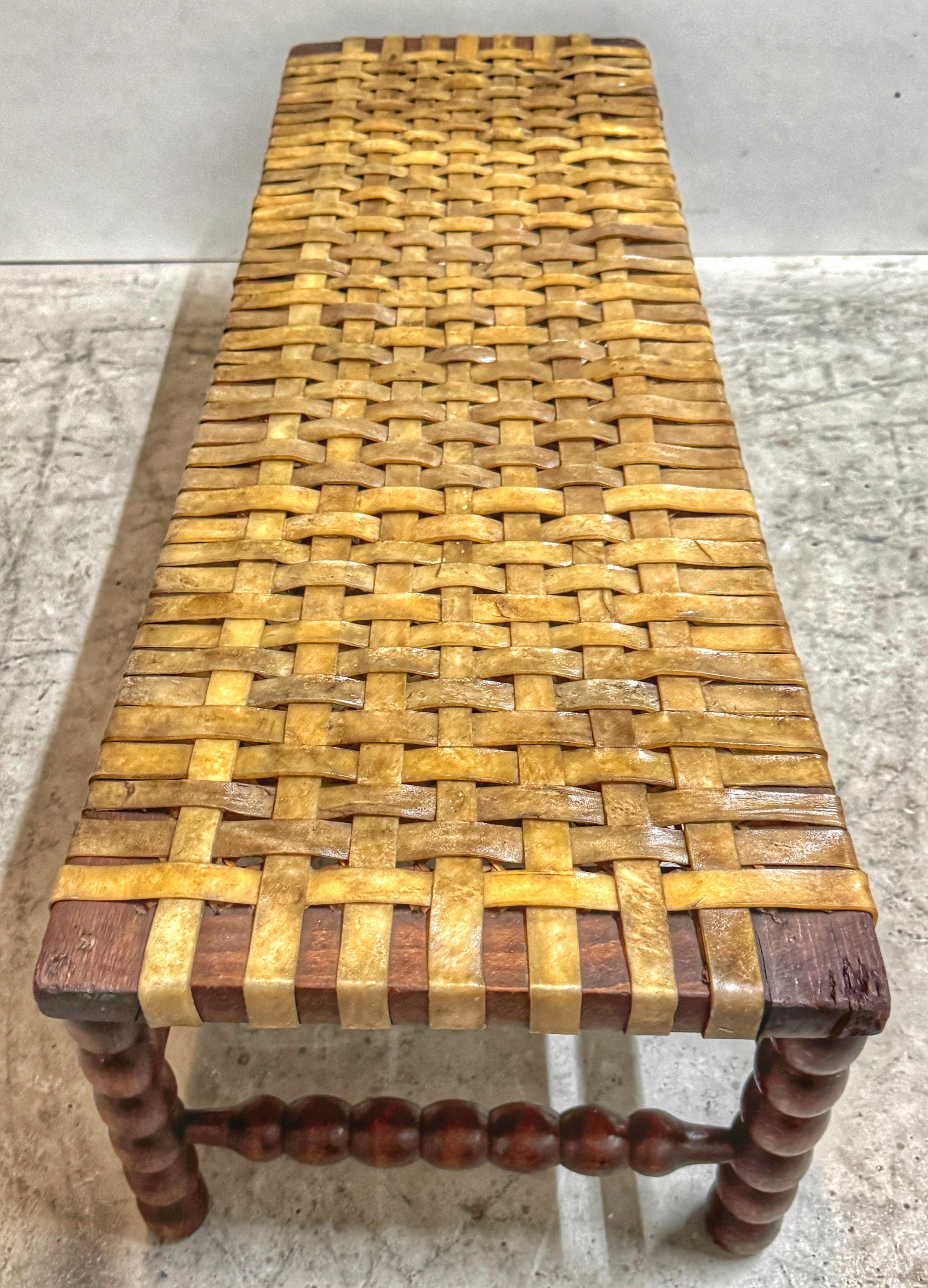Cane Early 19th Century English Bobbin-Leg Footstool or Low Bench with Woven Rawhide For Sale