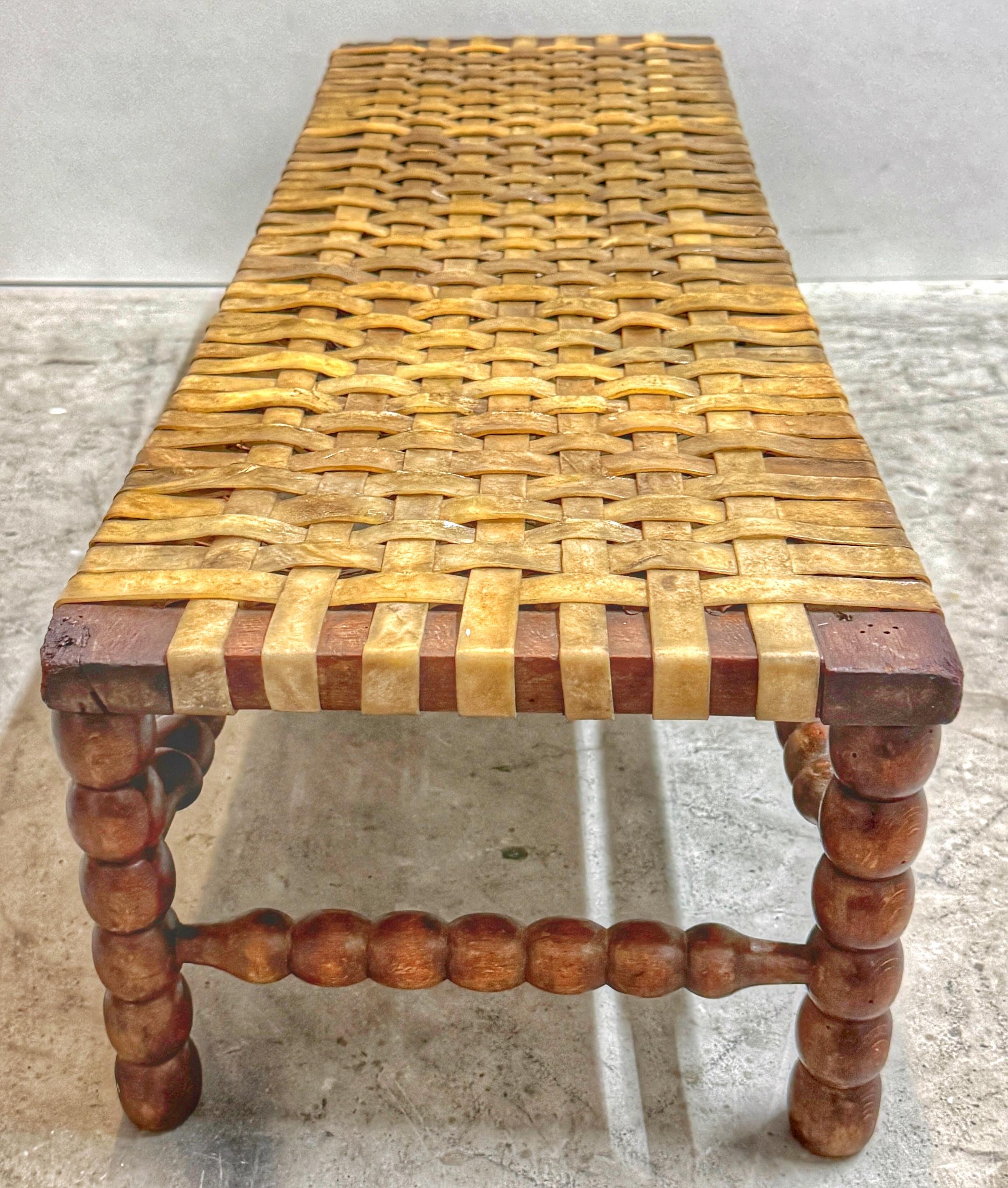 Early 19th Century English Bobbin-Leg Footstool or Low Bench with Woven Rawhide For Sale 2