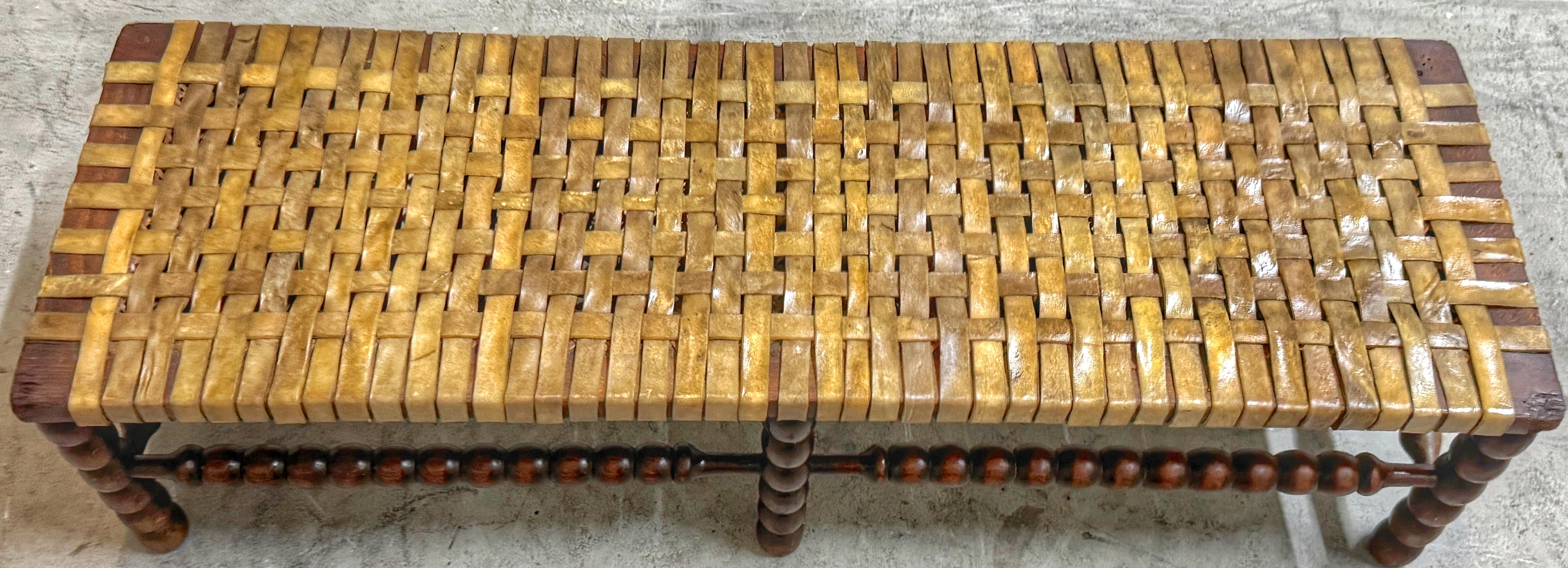 Early 19th Century English Bobbin-Leg Footstool or Low Bench with Woven Rawhide For Sale 3