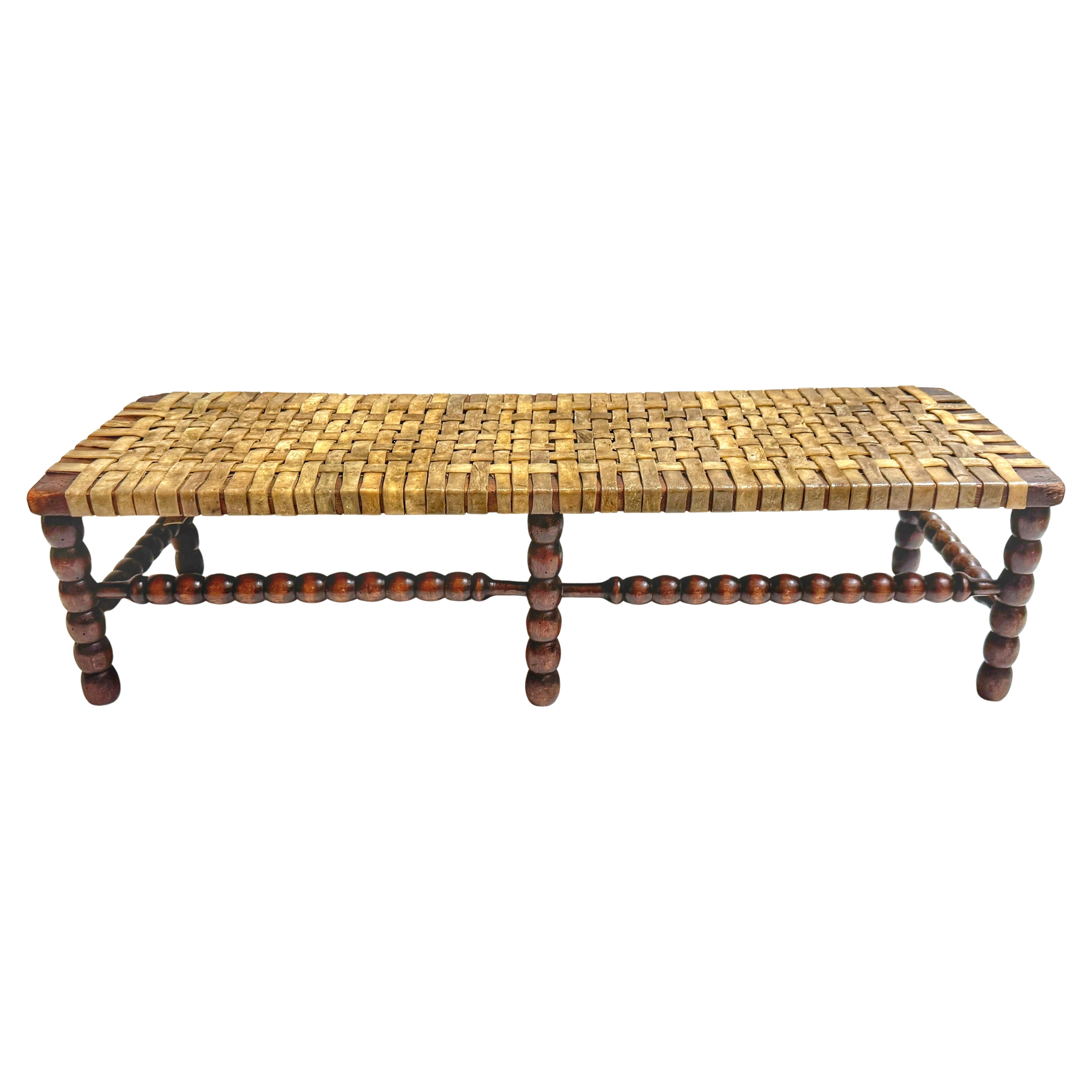 Early 19th Century English Bobbin-Leg Footstool or Low Bench with Woven Rawhide For Sale