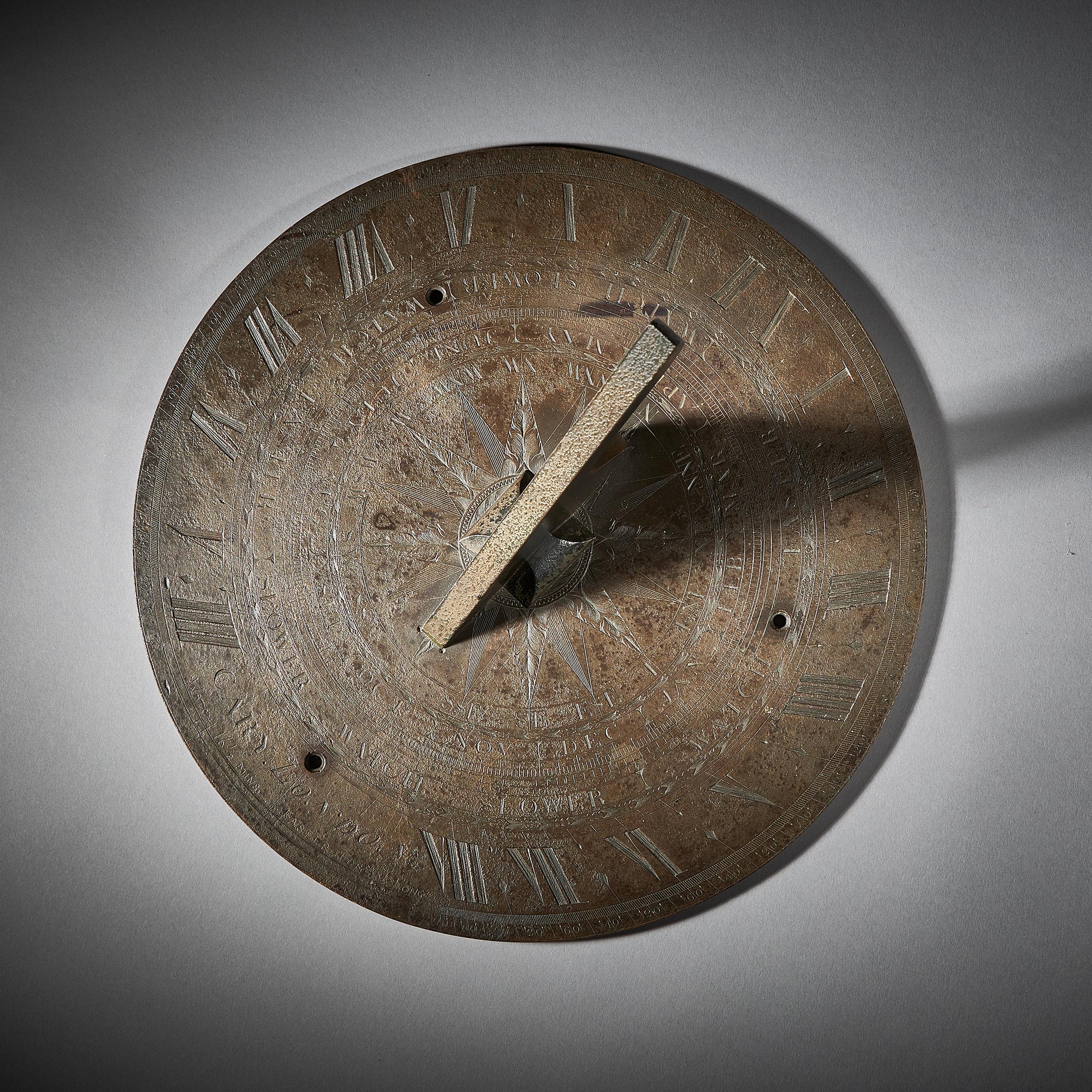 An early 19th century horizontal sundial by Cary London. 

This 12” diameter bronze sundial is finely engraved and has a 16 point compass rose in the middle. The sundial was meant to be used outside in a garden on the latitude of the London area.