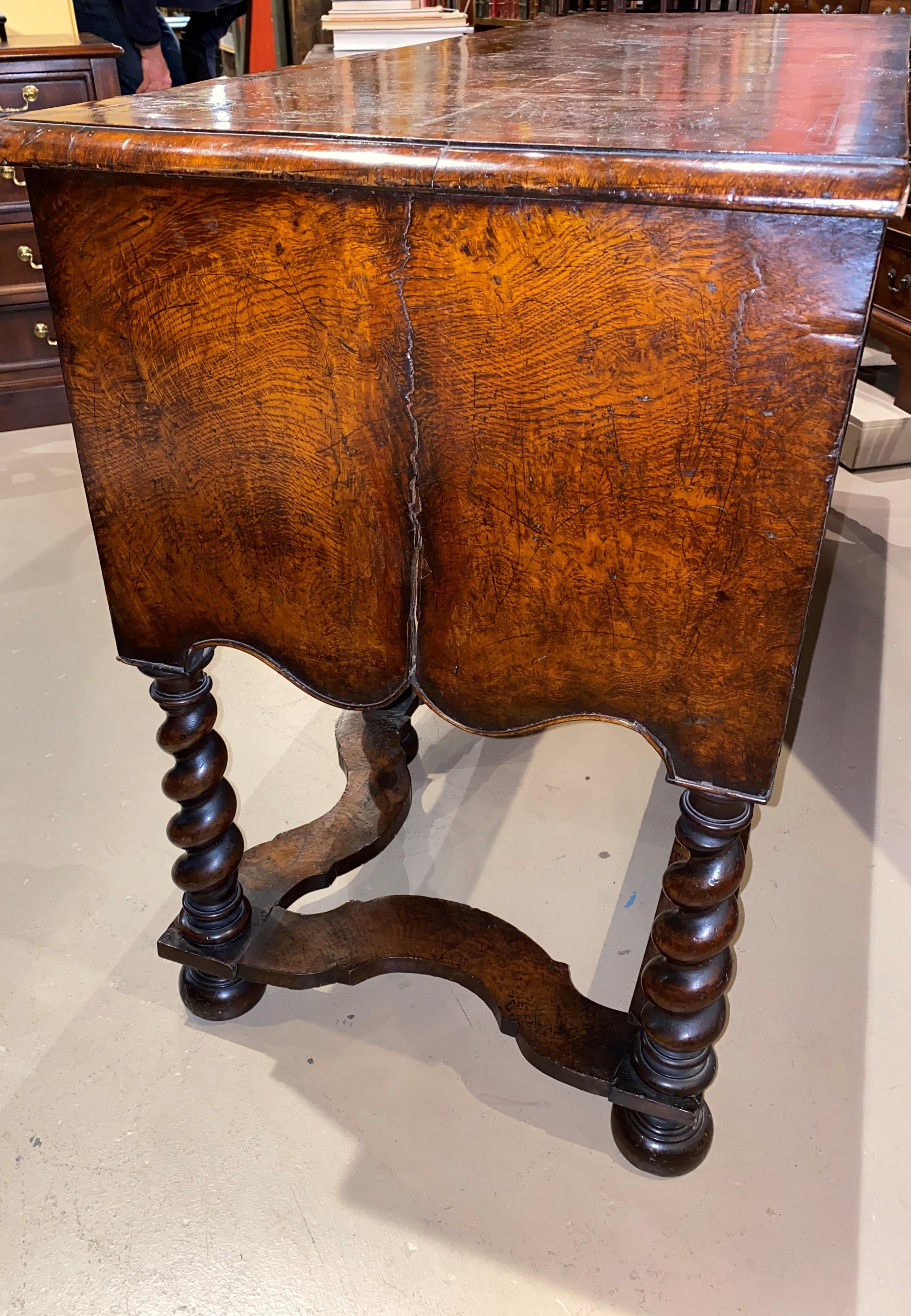 Brass Early 19th Century English Burled Walnut 3-Drawer Sideboard w/ Barley Twist Legs