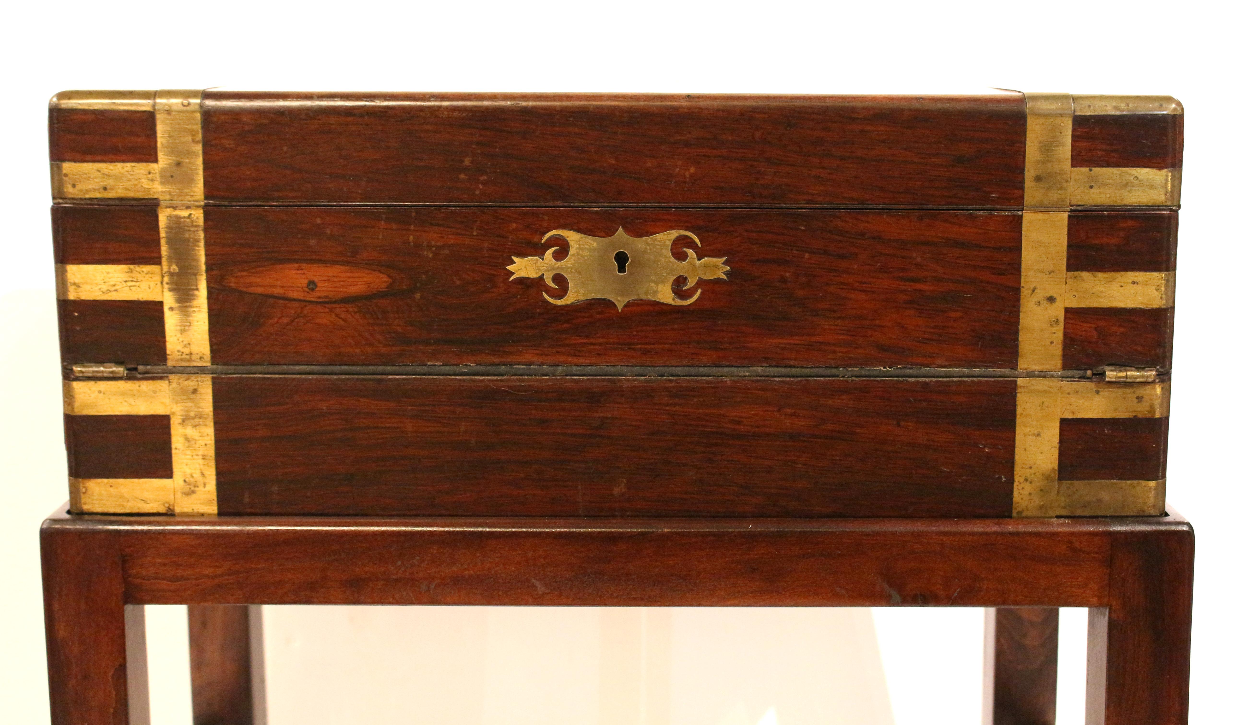 George III Early 19th Century English Campaign Lap Desk Box on Stand Side Table