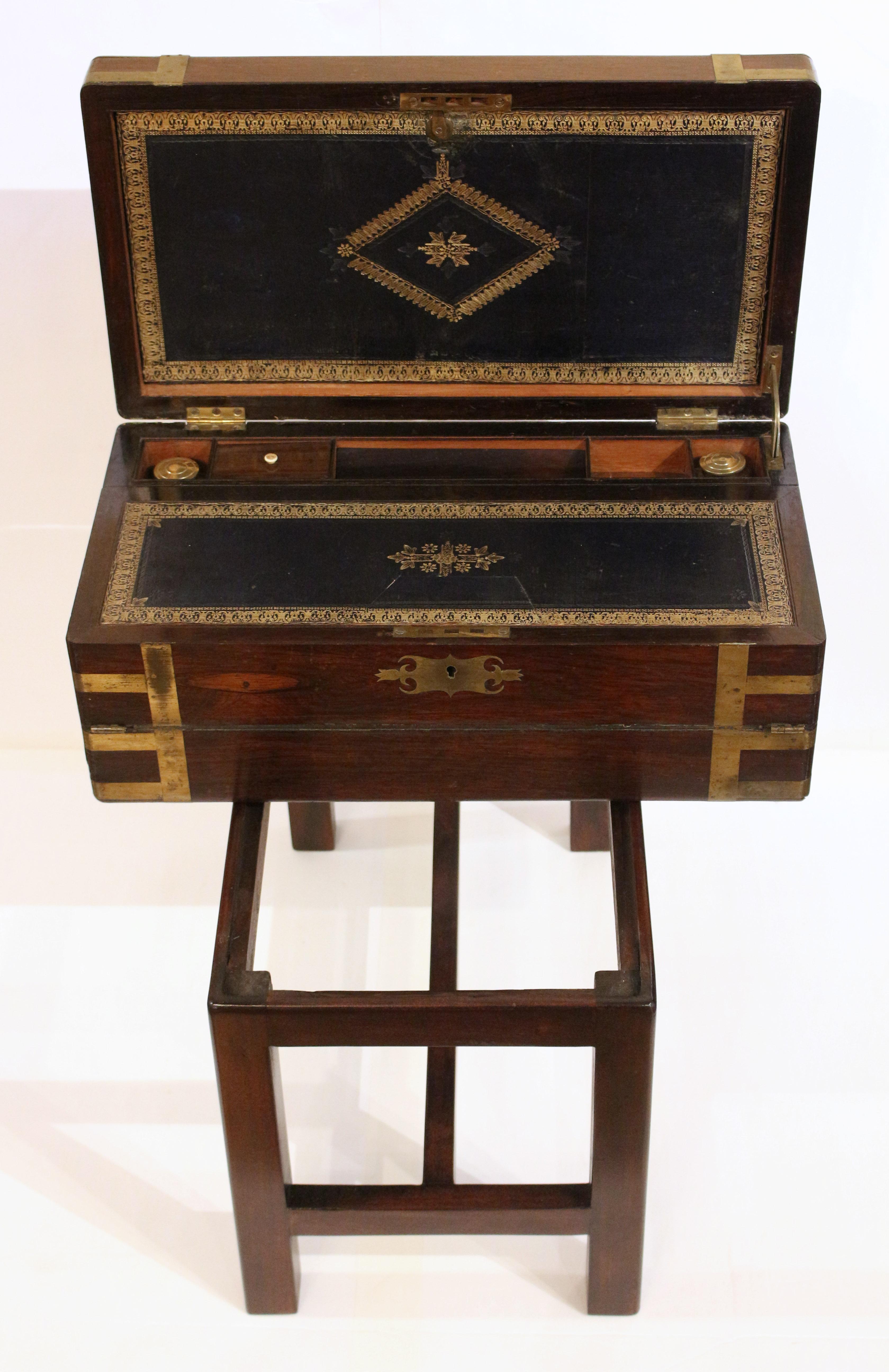 Brass Early 19th Century English Campaign Lap Desk Box on Stand Side Table