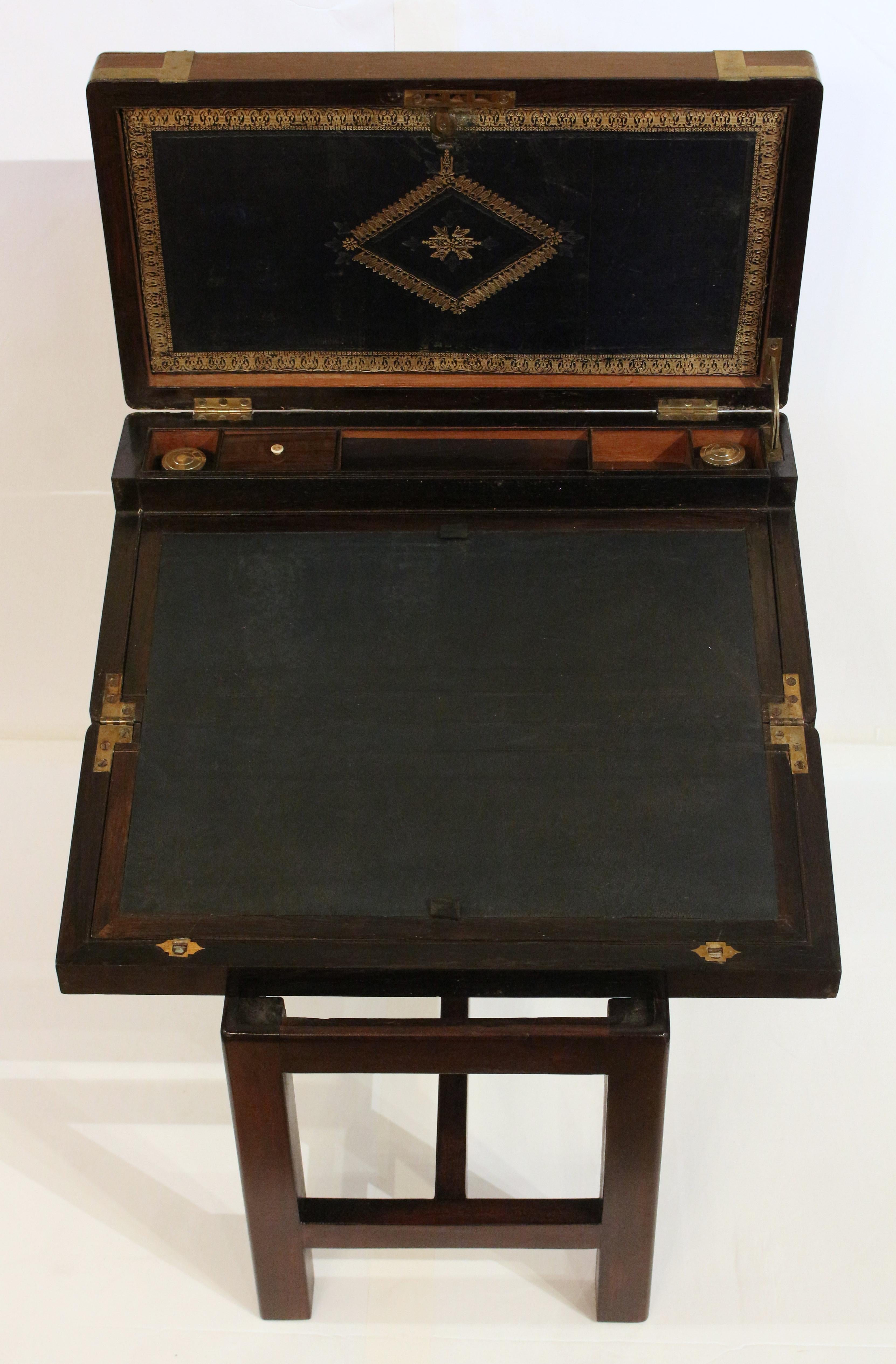 Early 19th Century English Campaign Lap Desk Box on Stand Side Table 2