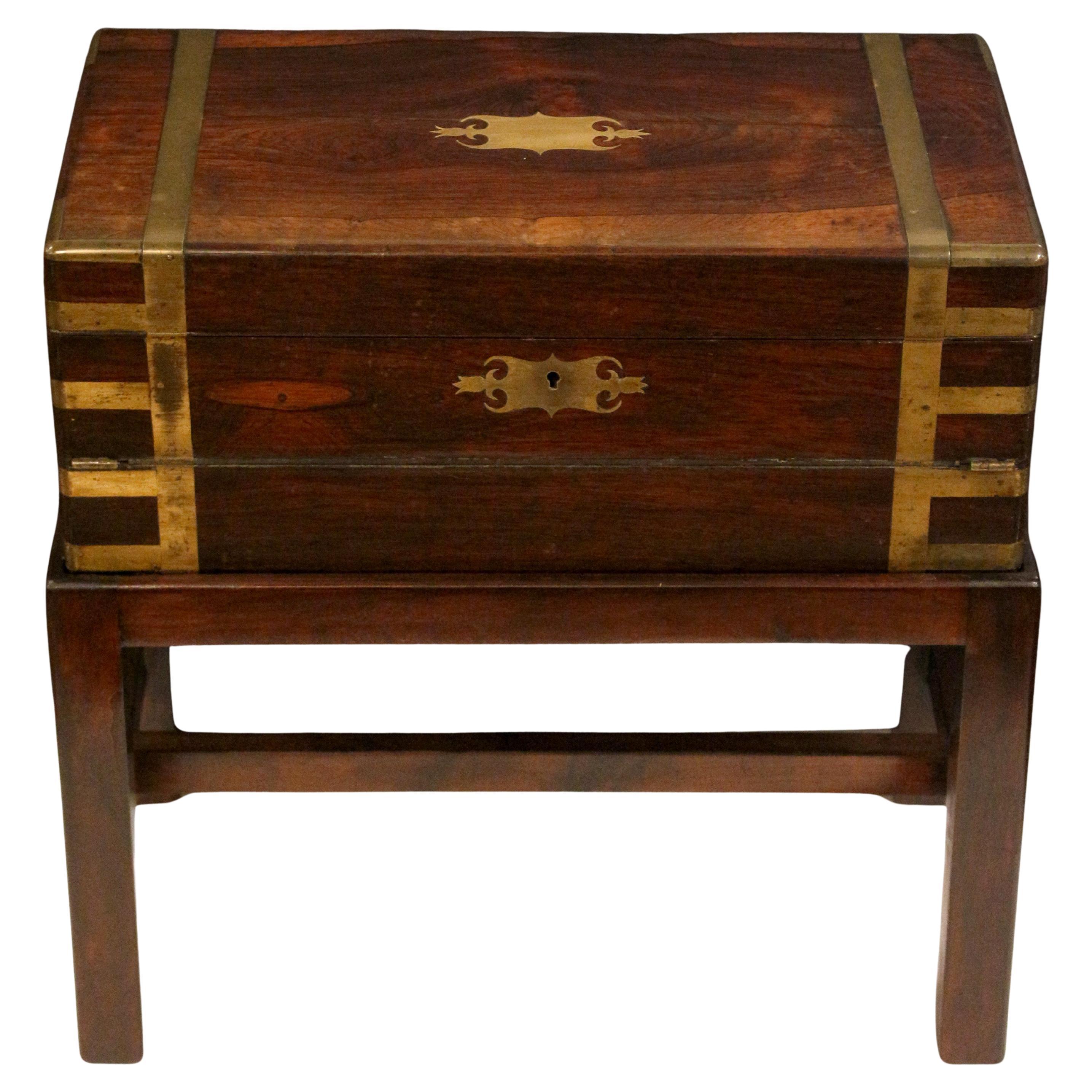 Early 19th Century English Campaign Lap Desk Box on Stand Side Table