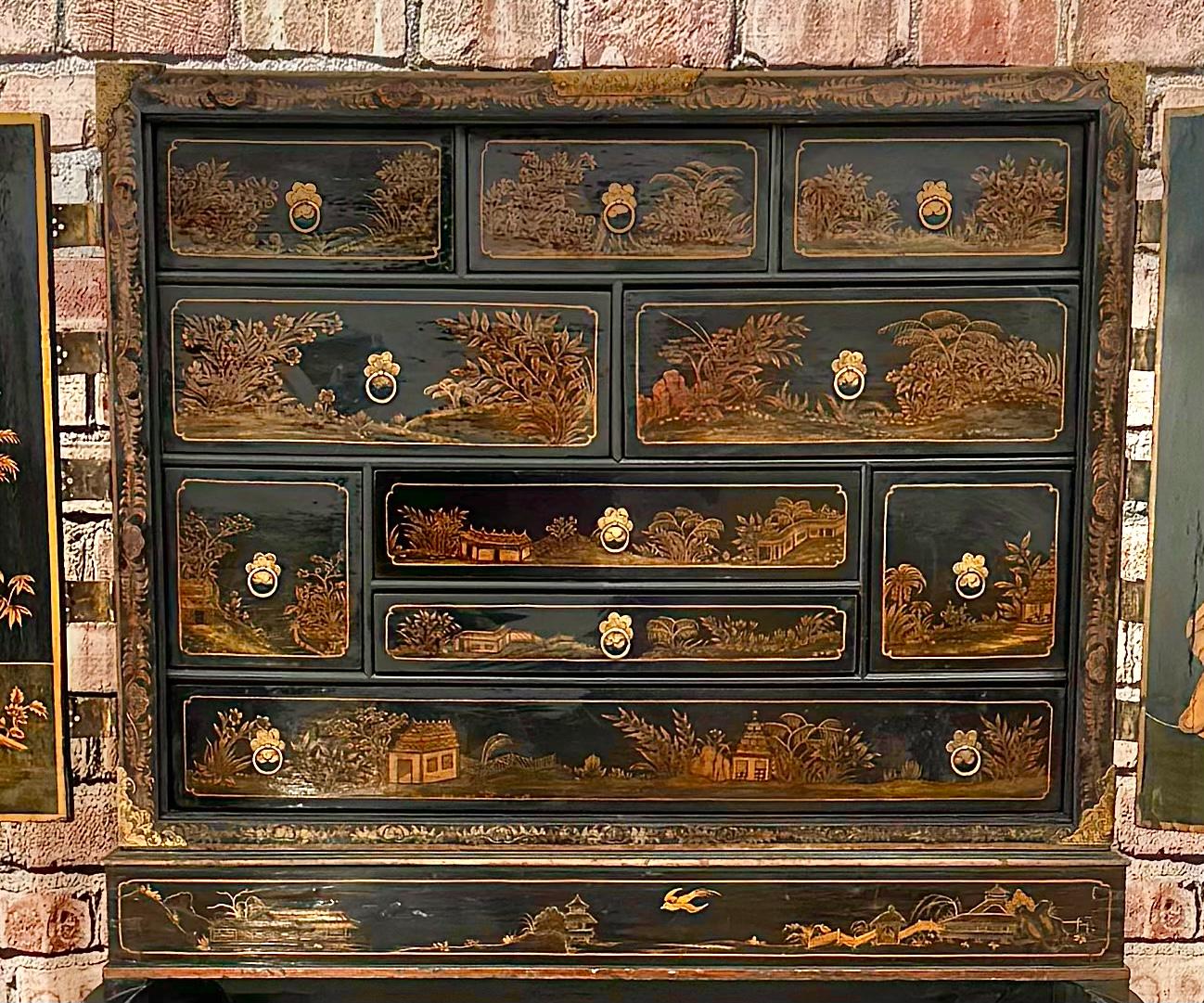 Early 19th Century English Chest on Stand Black and Gold Chinoiserie Lacquer For Sale 7