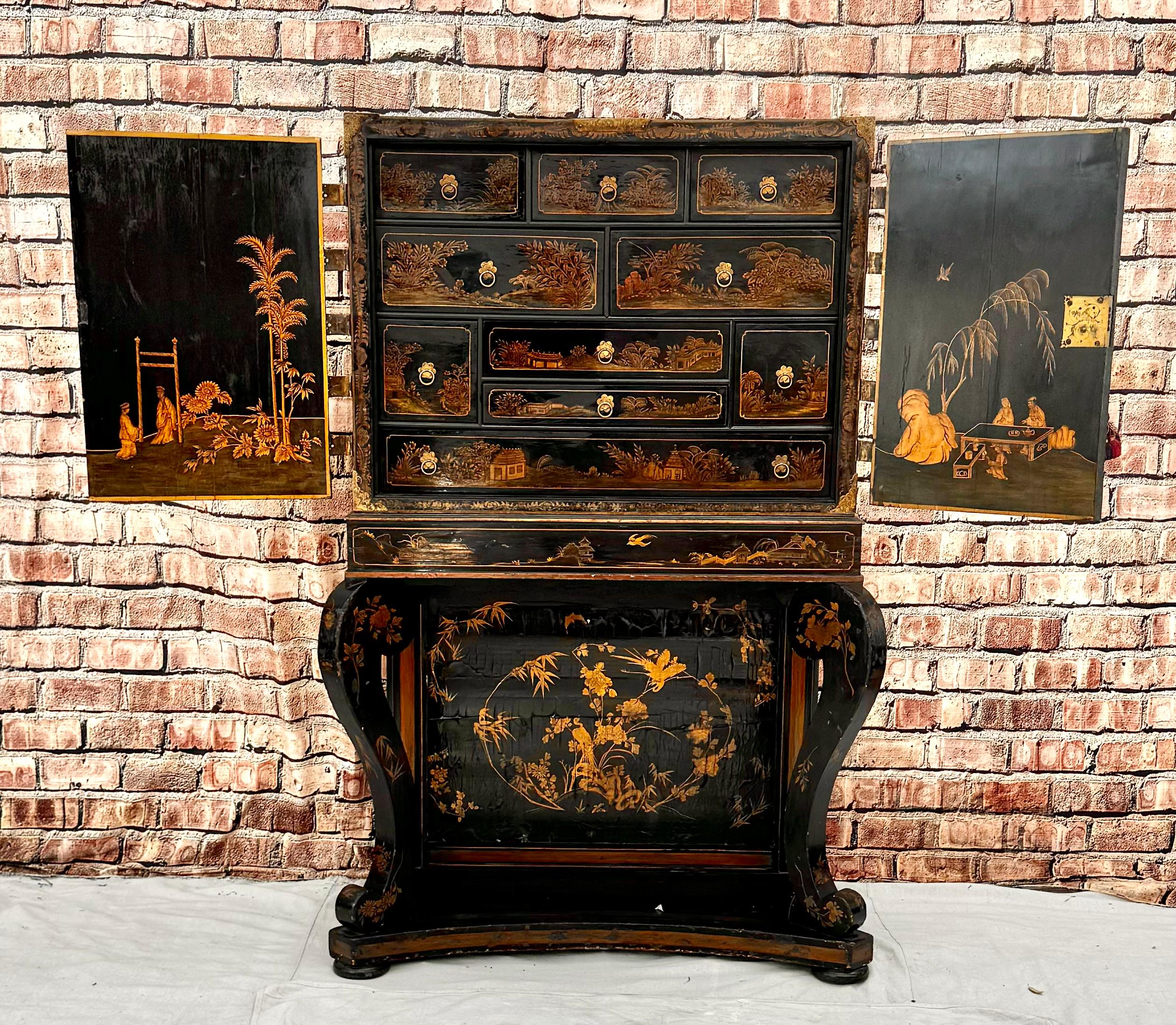Early 19th Century English Chest on Stand Black and Gold Chinoiserie Lacquer For Sale 13