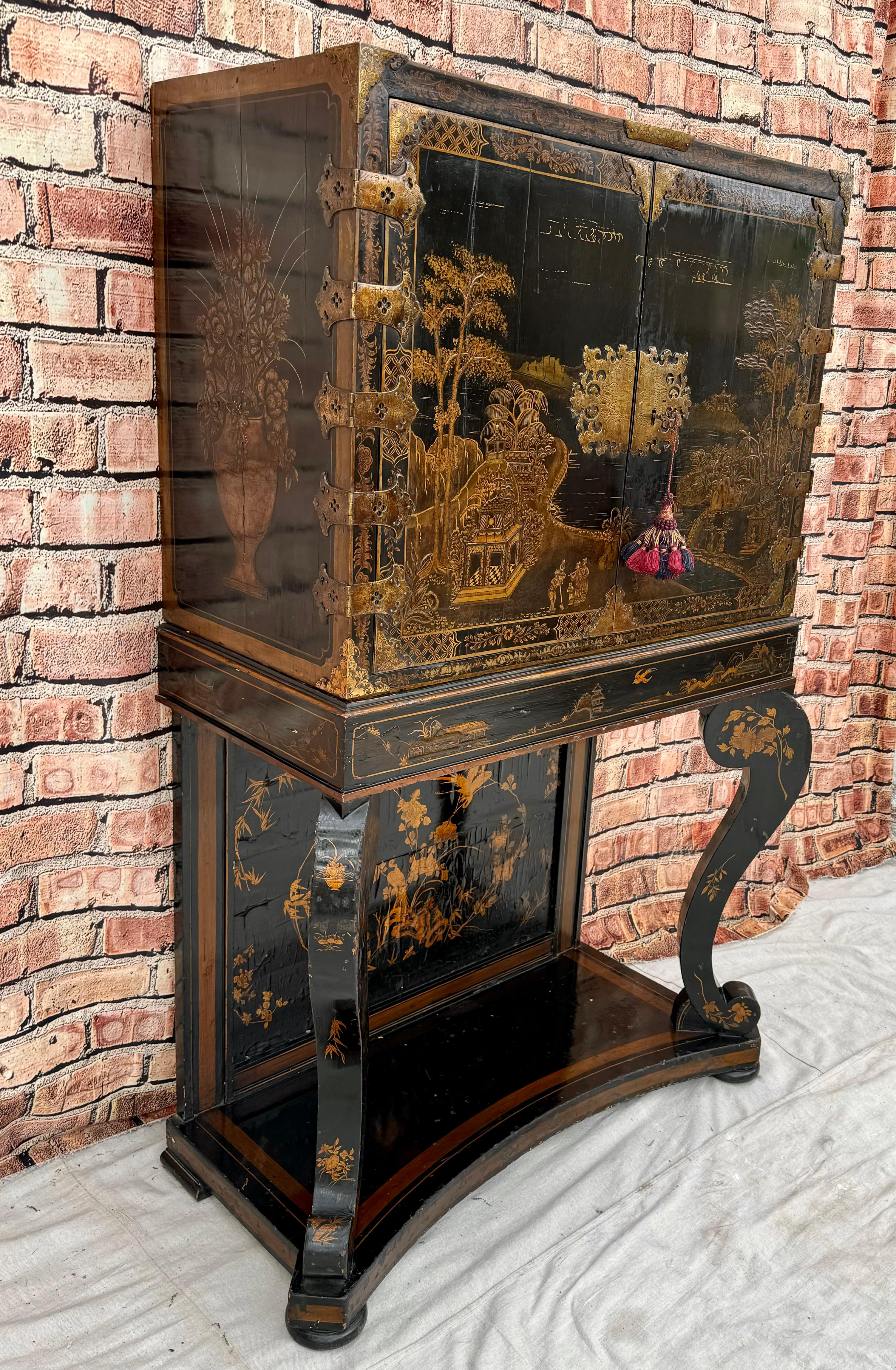 Wood Early 19th Century English Chest on Stand Black and Gold Chinoiserie Lacquer For Sale