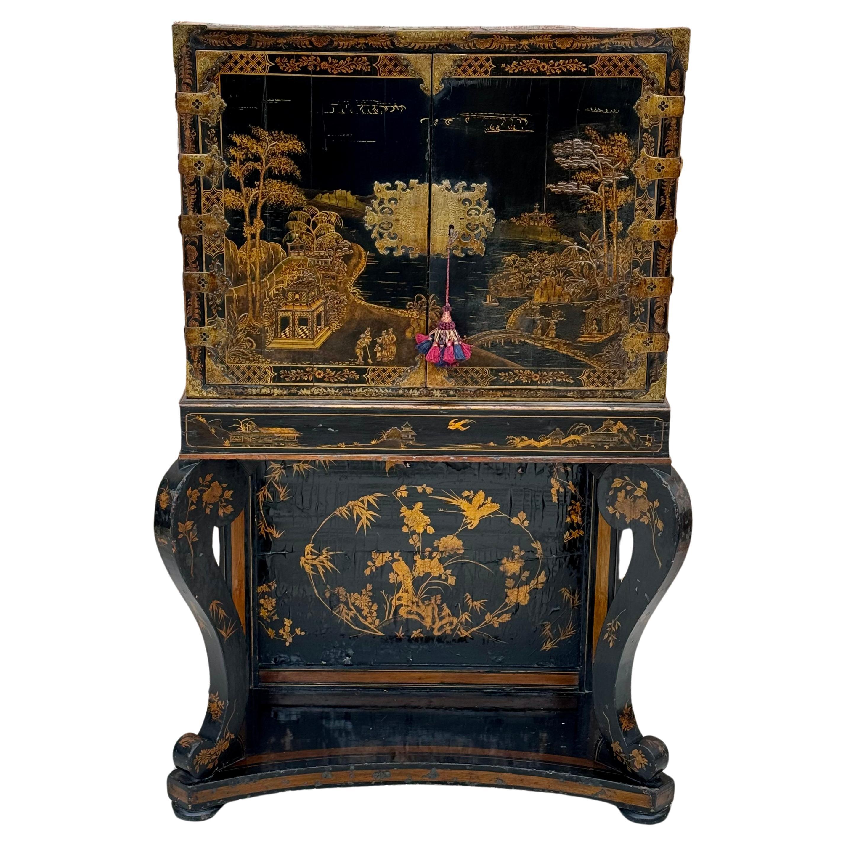Early 19th Century English Chest on Stand Black and Gold Chinoiserie Lacquer