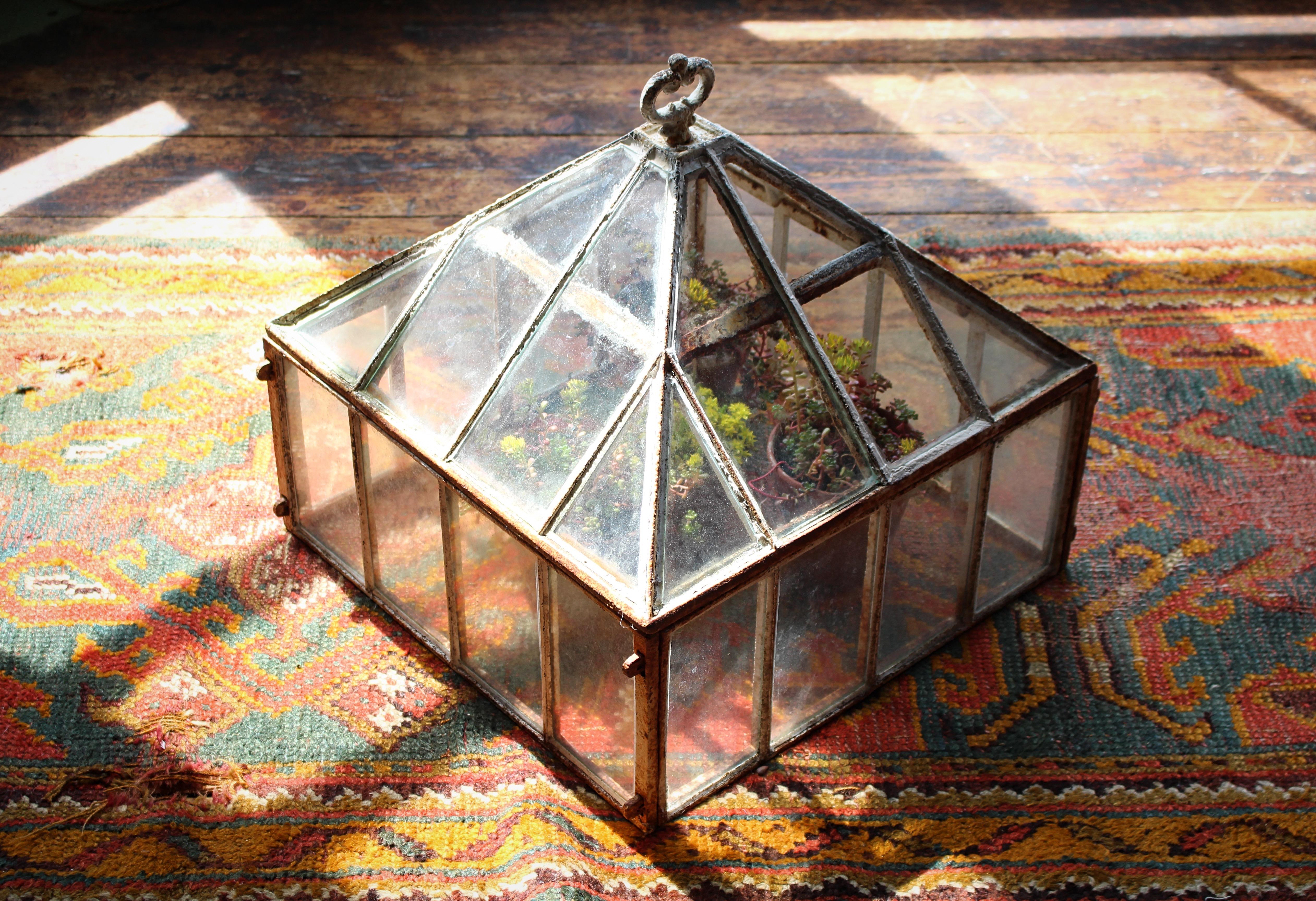 Una cloche da giardino in ferro e vetro estremamente curata, tutti i pannelli di vetro sono in perfetto ordine. Usura e scolorimento legati all'età della vernice e del ferro.

Età: 19° secolo, origini inglesi

Misure: 50/50/31 cm.