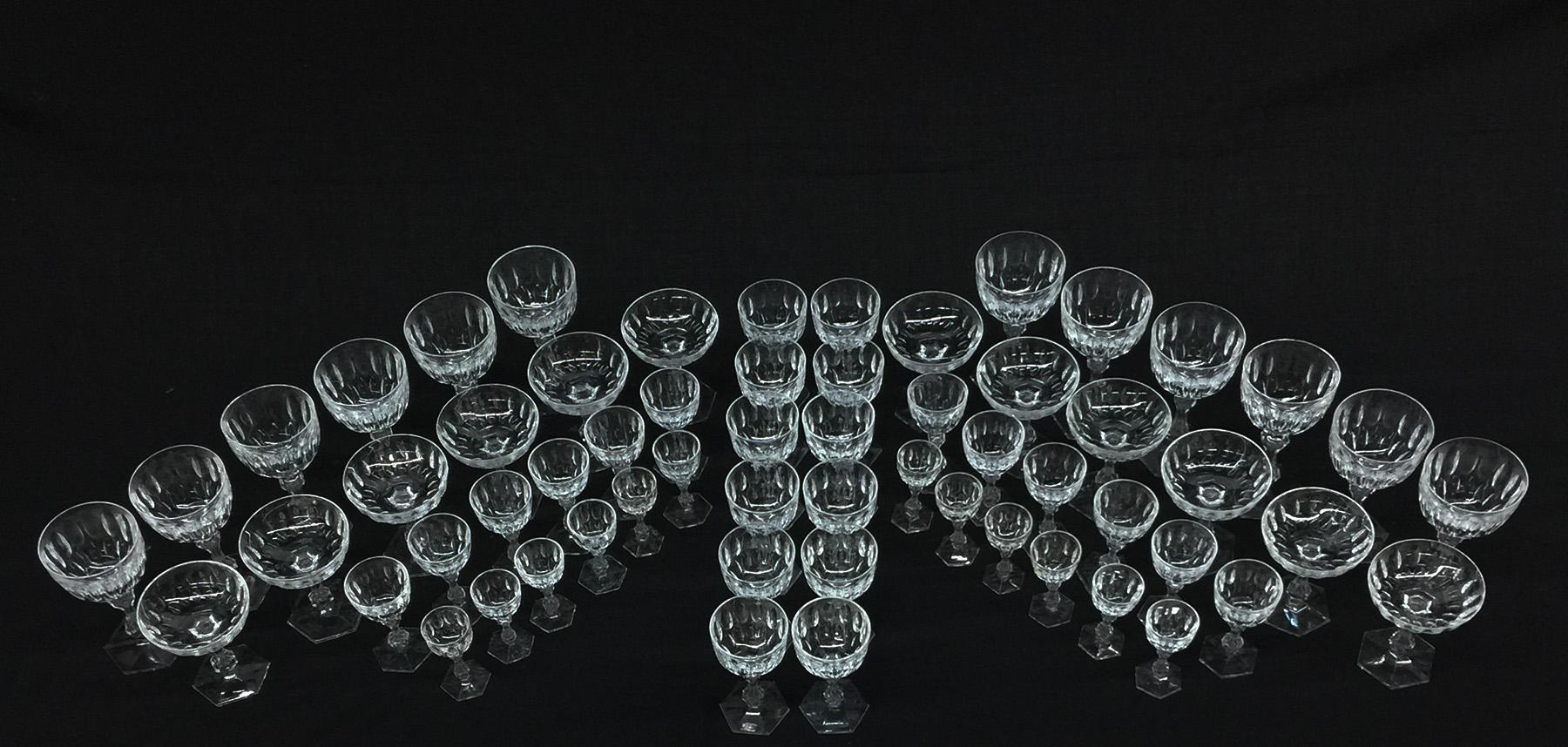 Early 19th century English crystal cut glass

Large set of crystal glass consists of 60 pieces of glasses
Beautiful English crystal glass for wine, champaign and liqueur
The large wine glass measurement is 9 cm diagonal and 16 cm high.
 